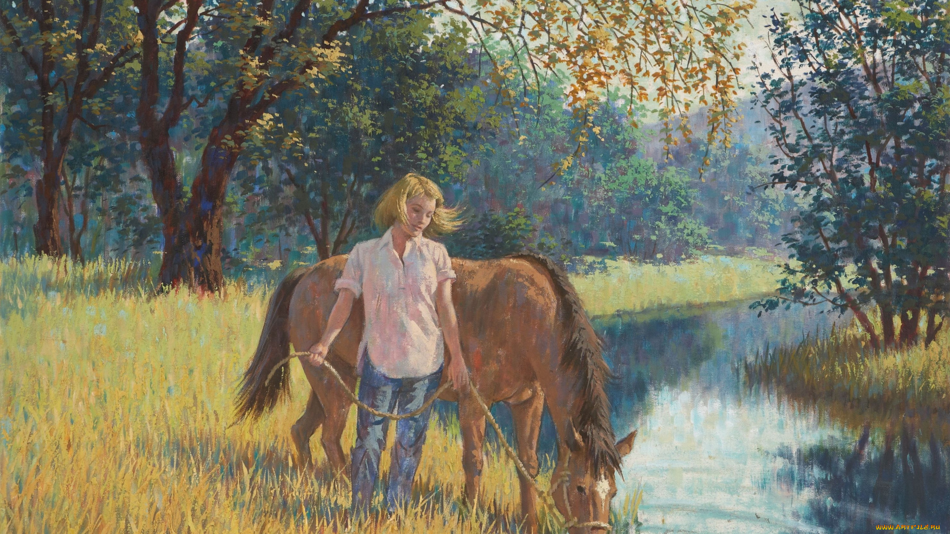 arthur, saron, sarnoff, рисованные, конь, девушка, водопой, река