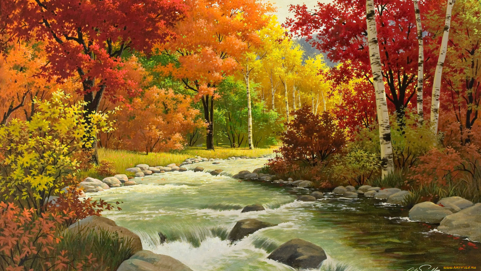 arthur, saron, sarnoff, рисованные, природа, пейзаж, осень, река, деревья