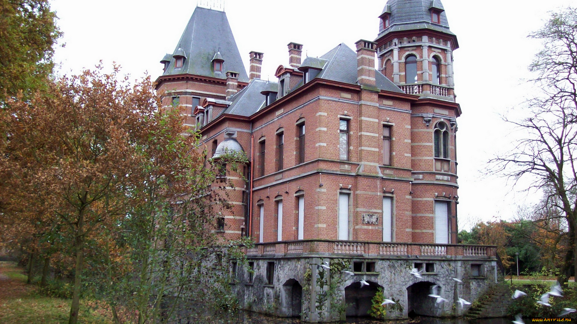 bouuaert, castle, belgium, города, дворцы, замки, крепости, замок, вода, птицы, деревья