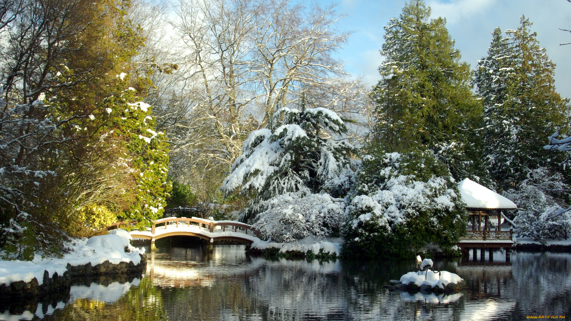природа, парк, деревья, мост, снег, зима