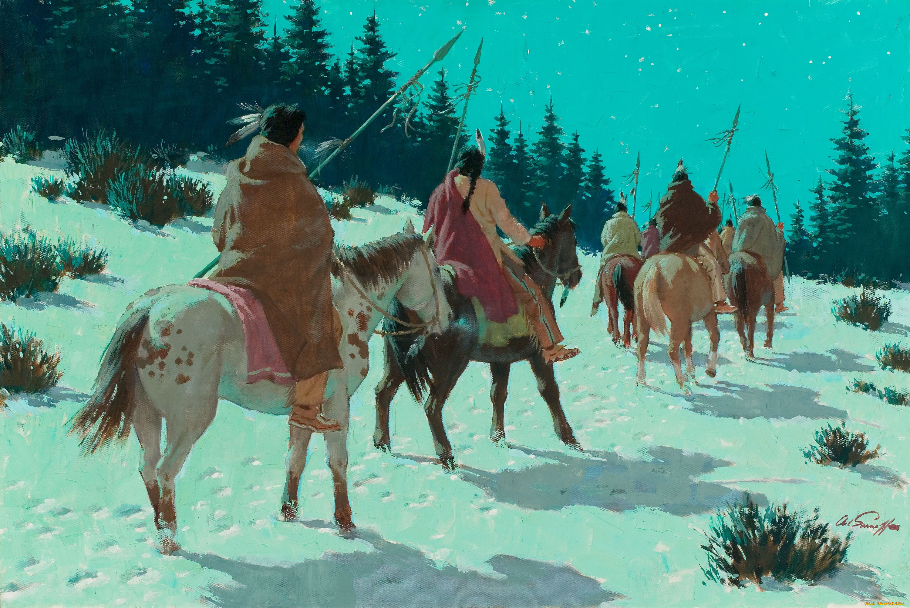arthur, saron, sarnoff, рисованные, лошади, индейцы, снег, зима