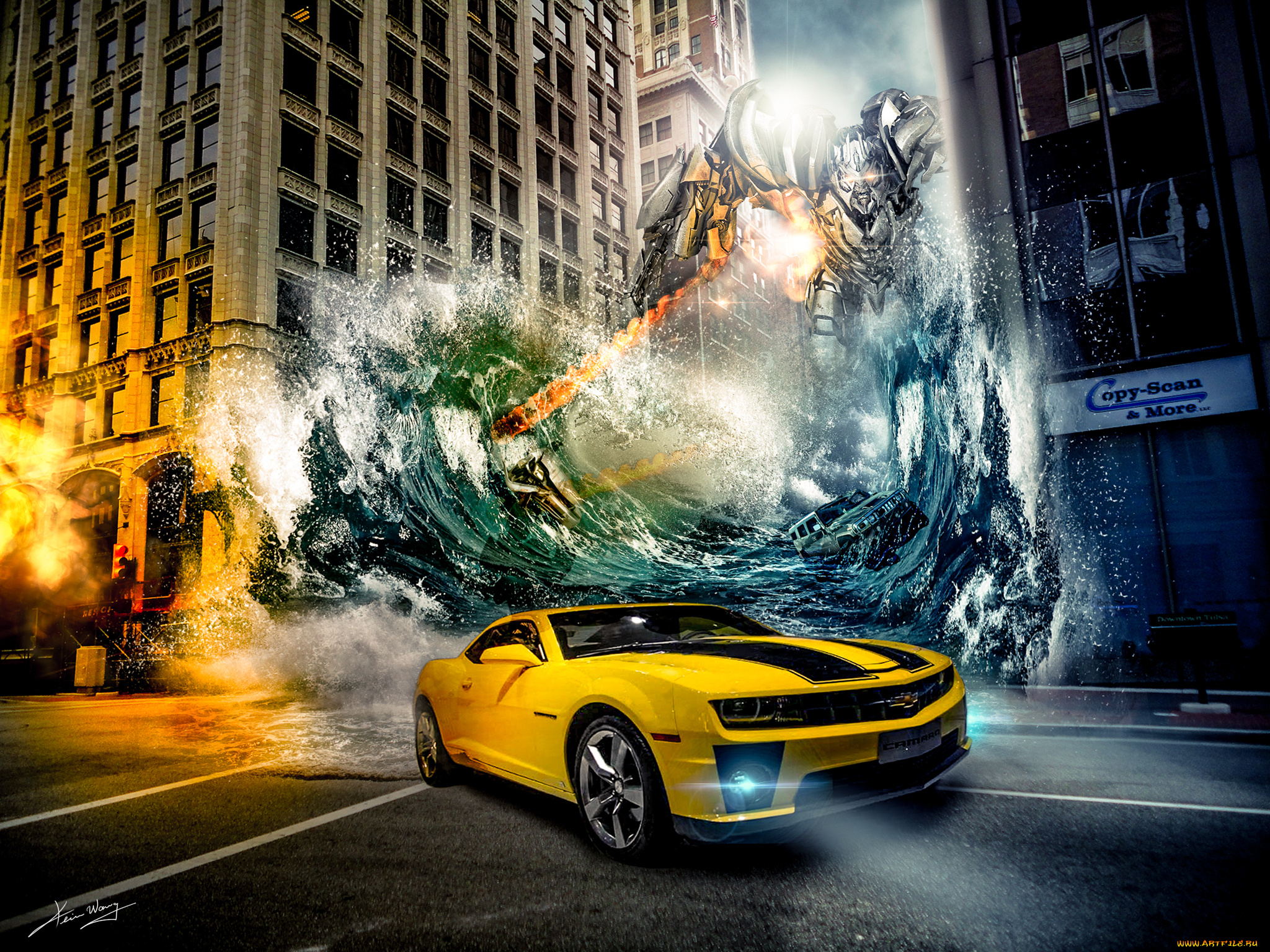 фэнтези, роботы, киборги, механизмы, вода, робот, авто, transformers, camaro, kevin, wang, chevrolet