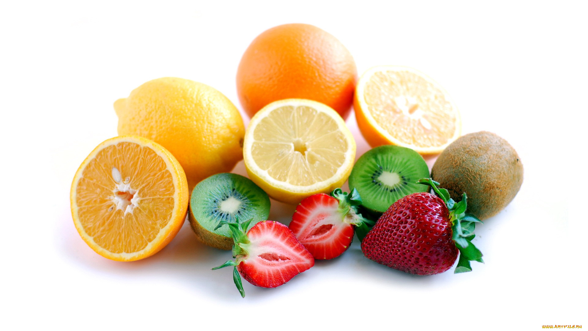 еда, фрукты, , ягоды, клубника, лимон, киви, апельсин