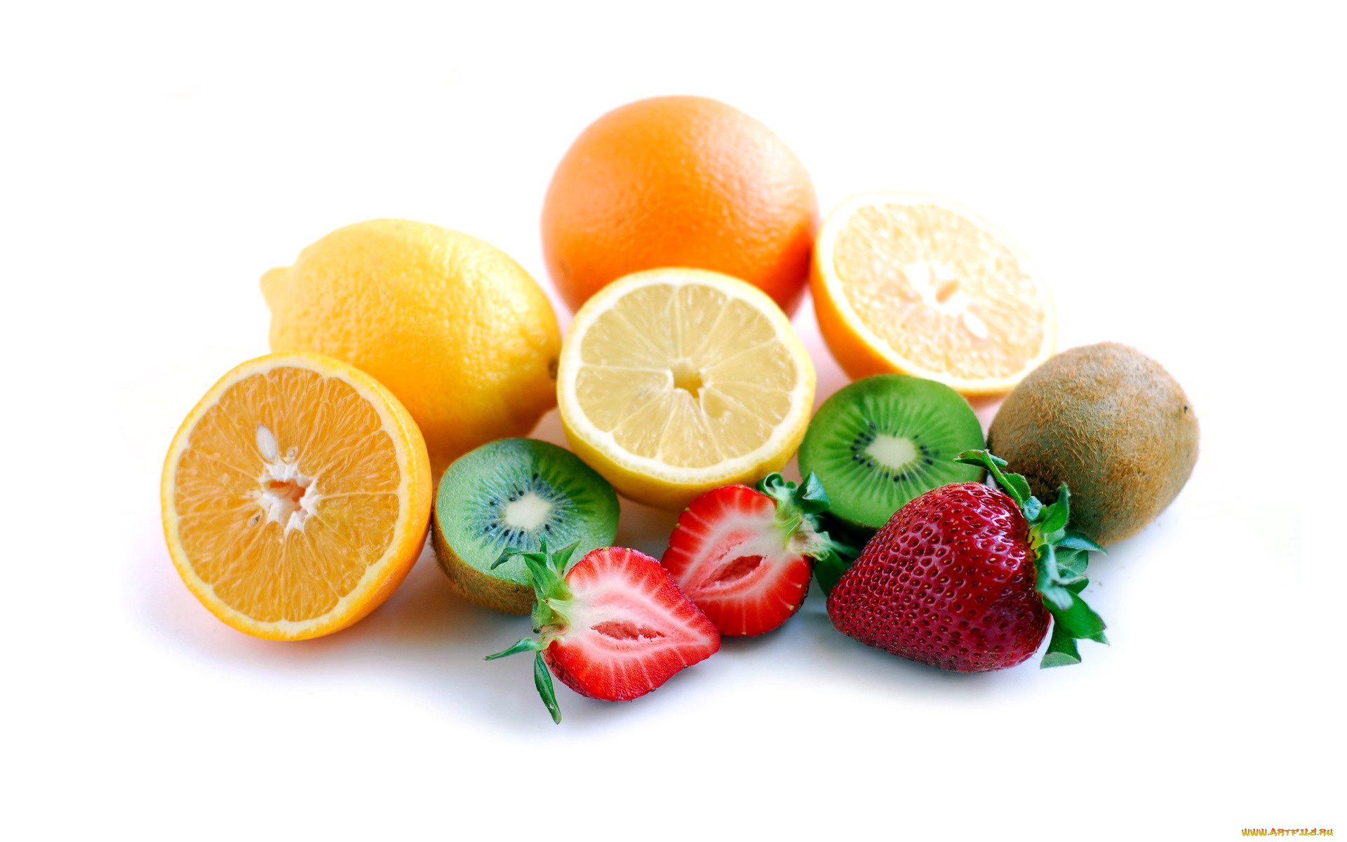 еда, фрукты, , ягоды, клубника, лимон, киви, апельсин