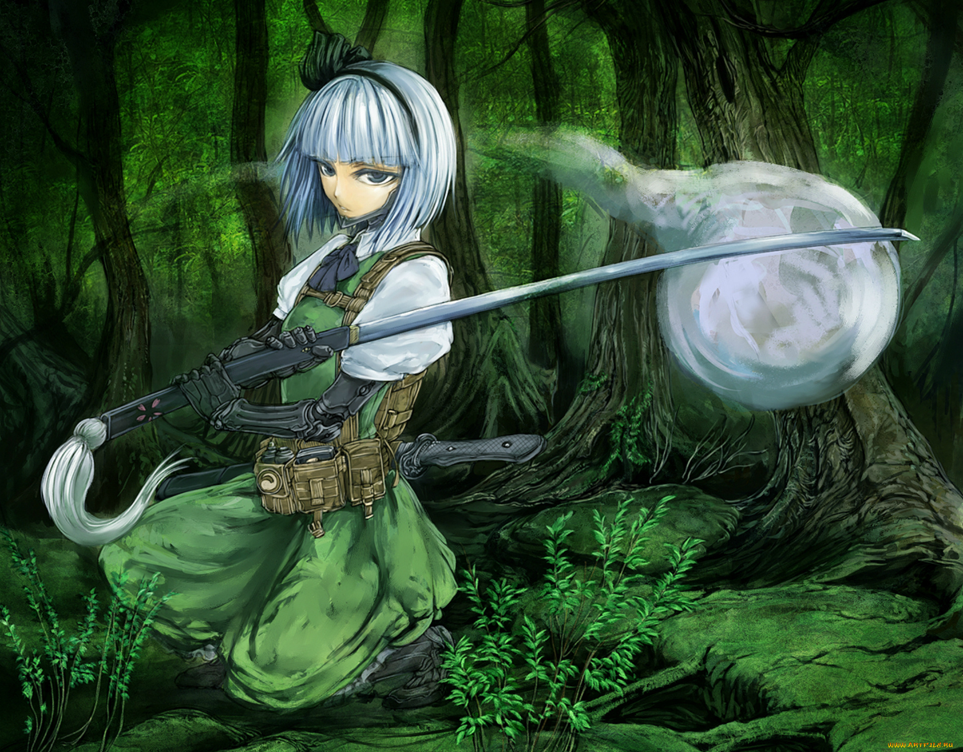 аниме, touhou, projeck, белые, волосы, лес, бант, катана, konpaku, youmu, призрак