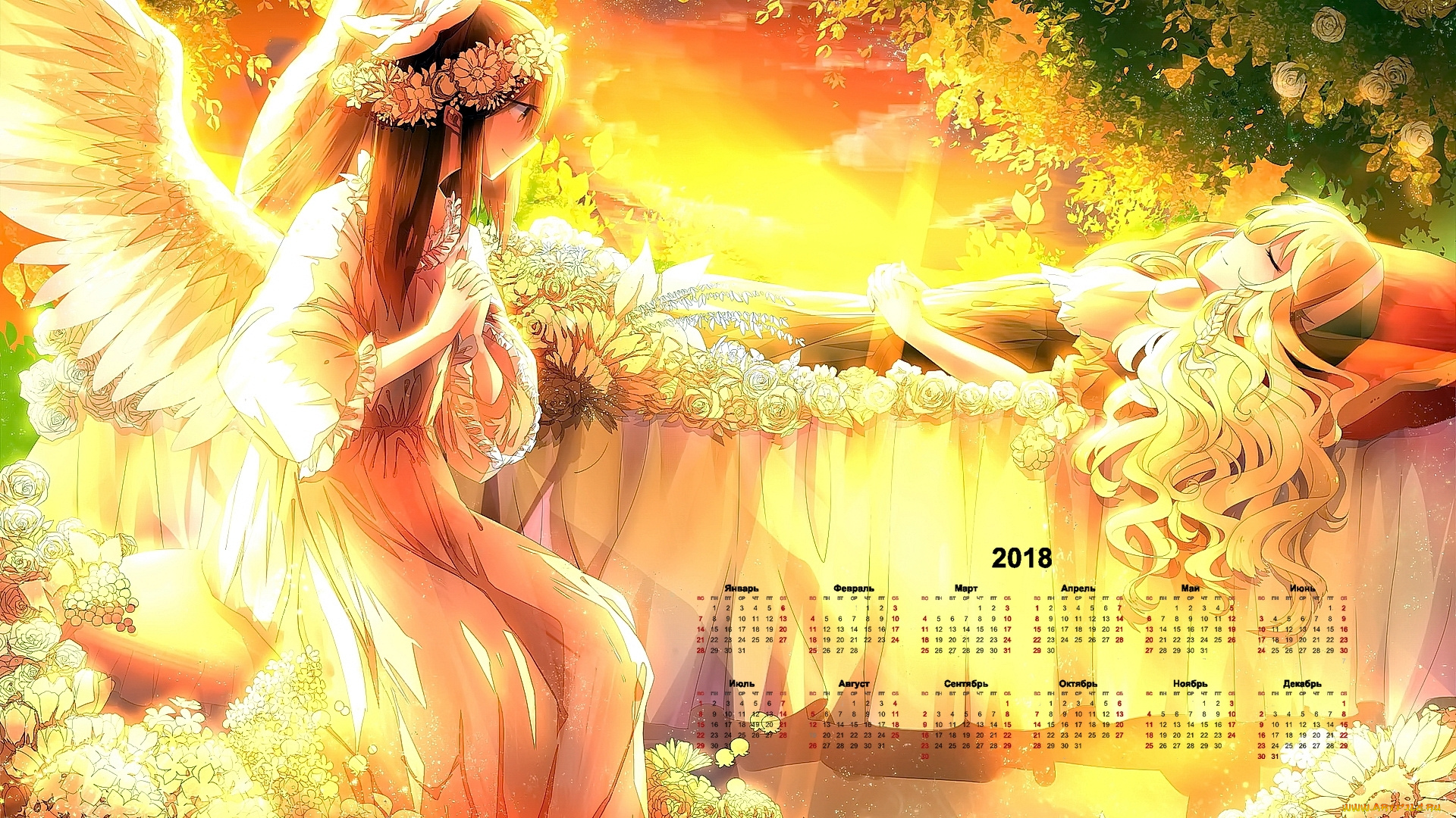 календари, аниме, крылья, венок, цветы, 2018, девушка