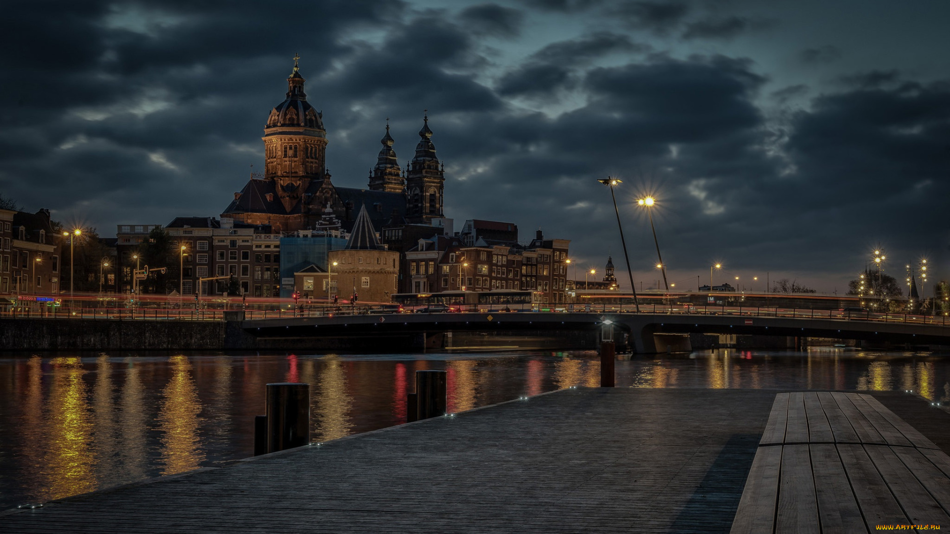 города, амстердам, , нидерланды, мост, канал, собор, ночь