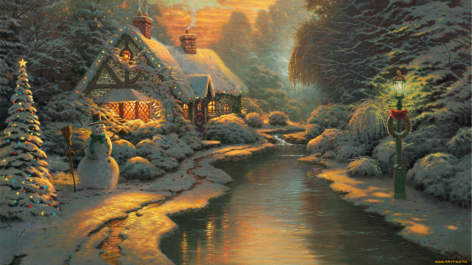 thomas, kinkade, рисованные, зима, елка, ёлка, рождество, новый, год, снеговик