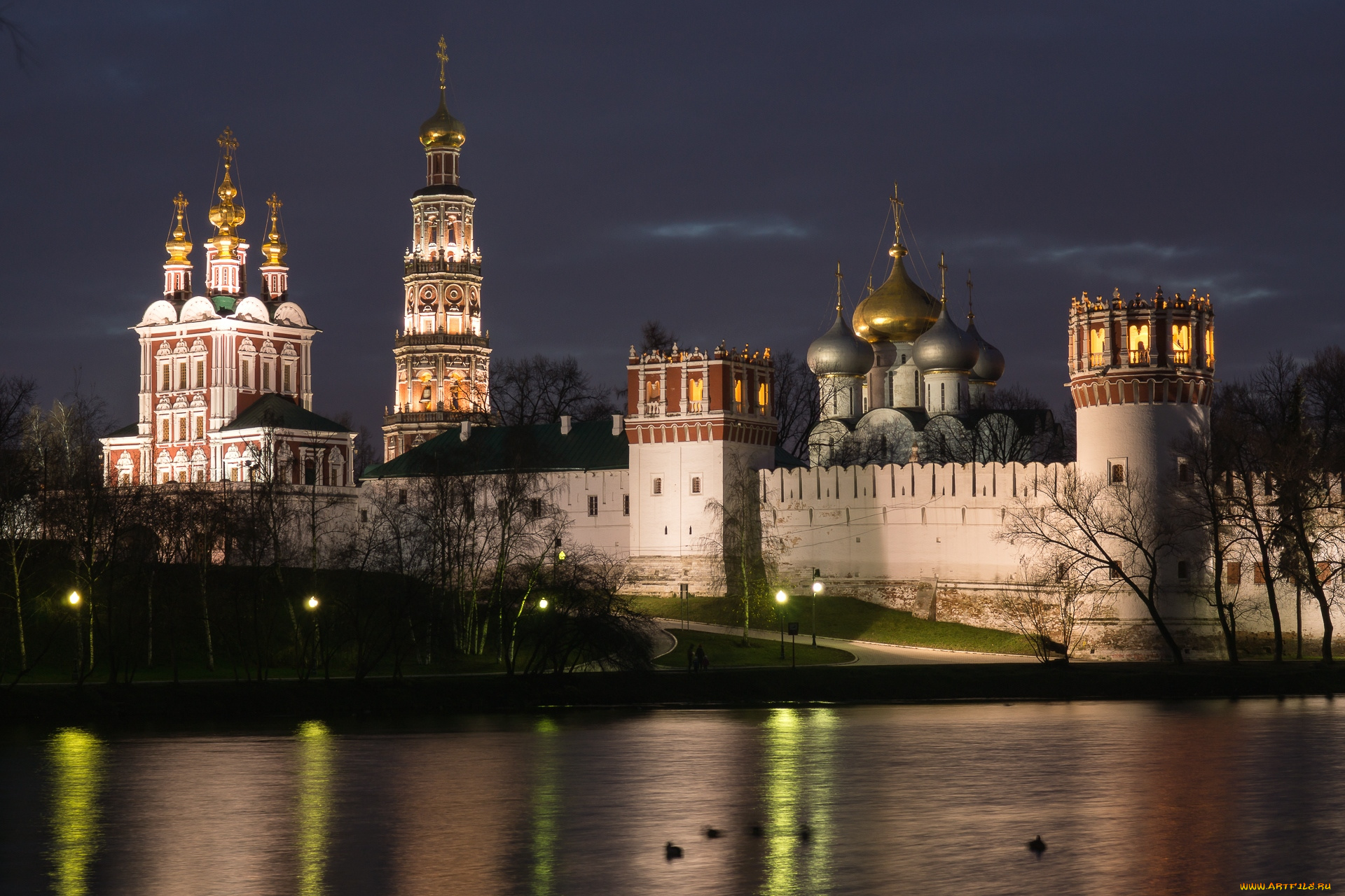 новодевичий, монастырь, города, -, православные, церкви, , монастыри, отражение, ночь, река, москва