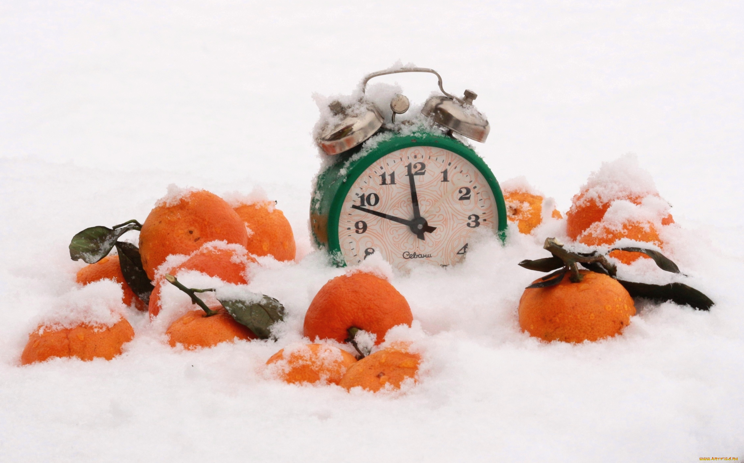 еда, цитрусы, часы, снег, мандарины
