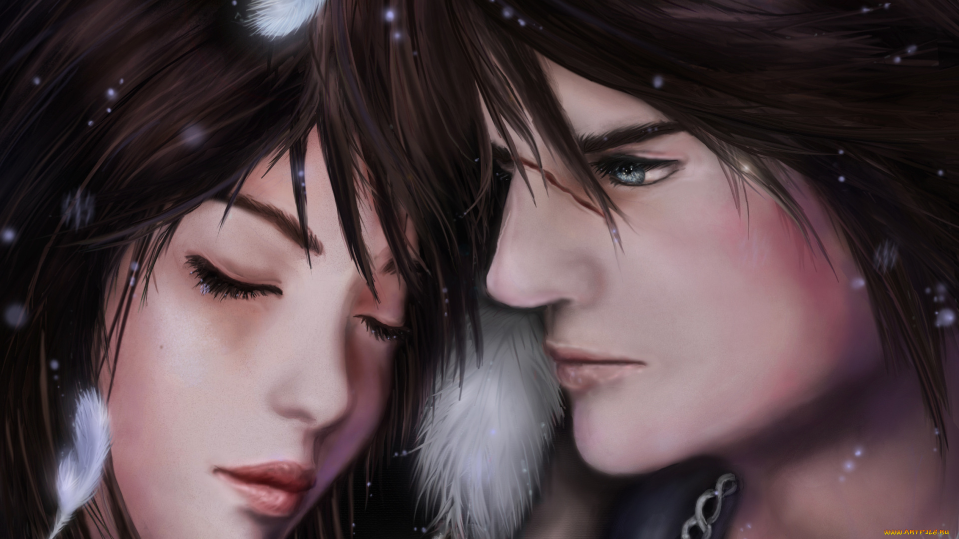 фэнтези, люди, перья, закрытые, глаза, лица, девушка, парень, rinoa, squall, final, fantasy, viii