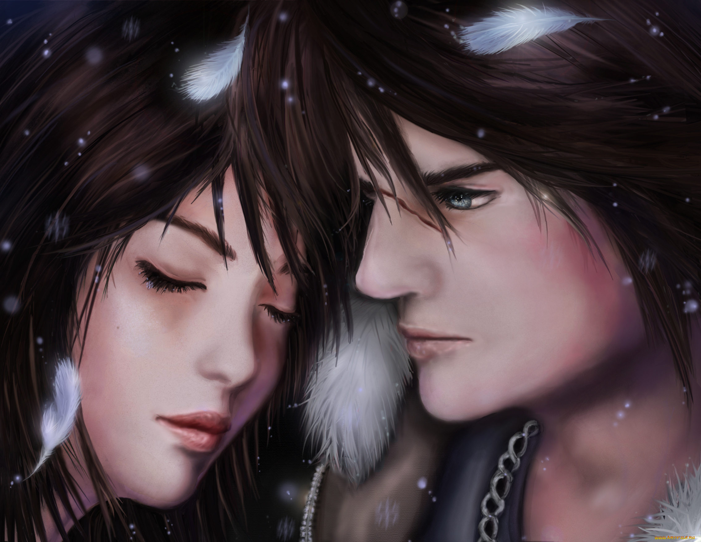 фэнтези, люди, перья, закрытые, глаза, лица, девушка, парень, rinoa, squall, final, fantasy, viii