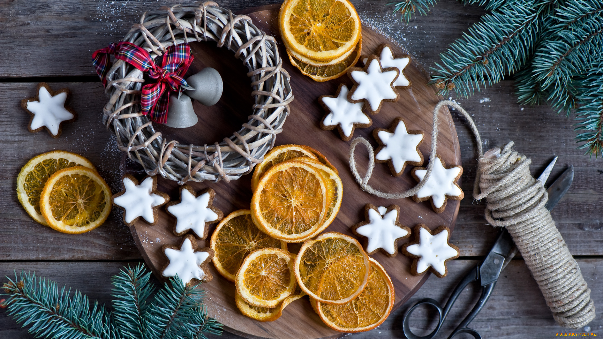 праздничные, угощения, апельсин, christmas, decoration, fir, tree, cookies, новогодние, украшение, ель, oranges, печенье