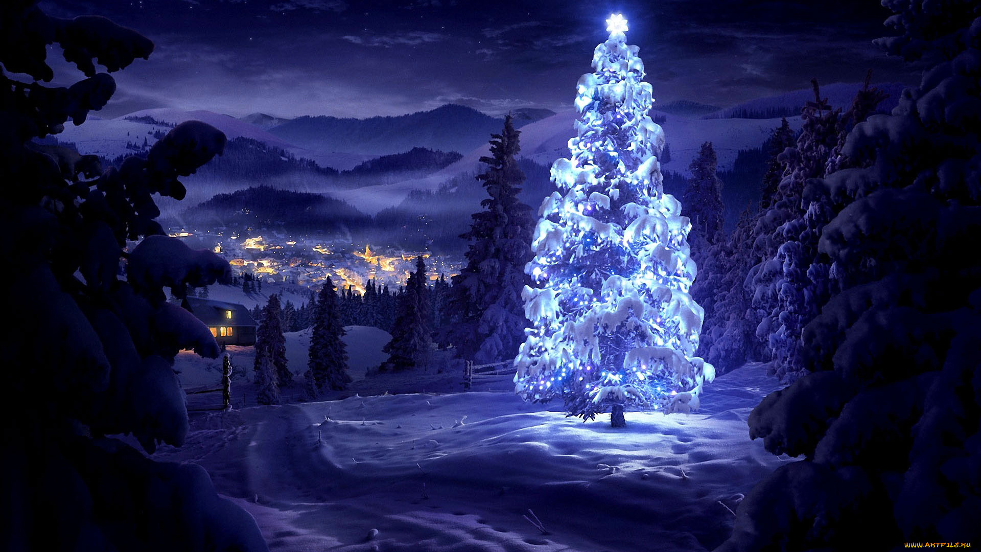 праздничные, Ёлки, рождество, новый, год, природа, пейзаж, зима, деревья, дома, огни, горы, долина, ночь, снег
