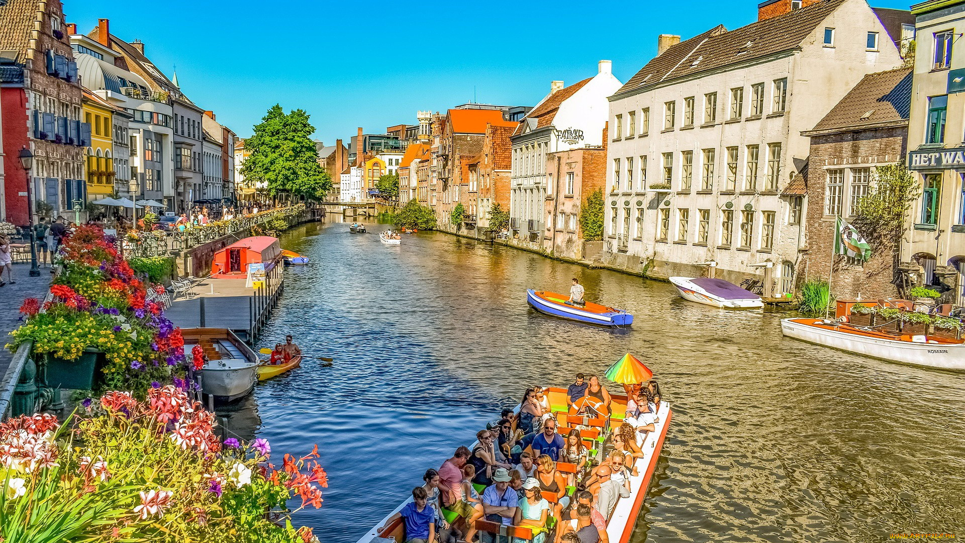 города, гент, , бельгия, канал, цветы, лодки