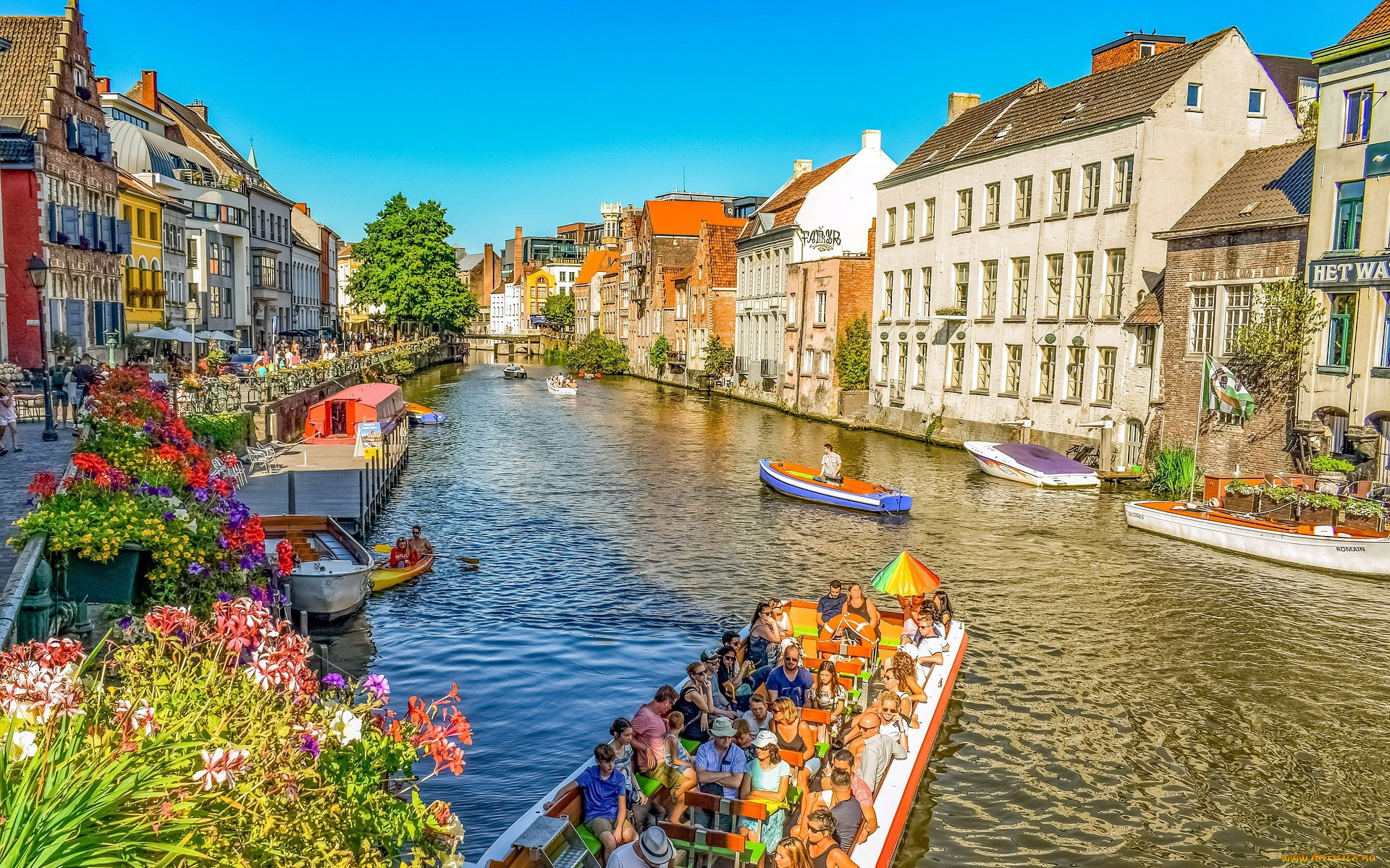 города, гент, , бельгия, канал, цветы, лодки