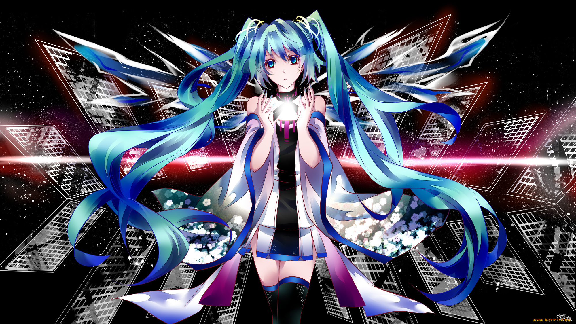 аниме, vocaloid, hatsune, miku, девушка, взгляд