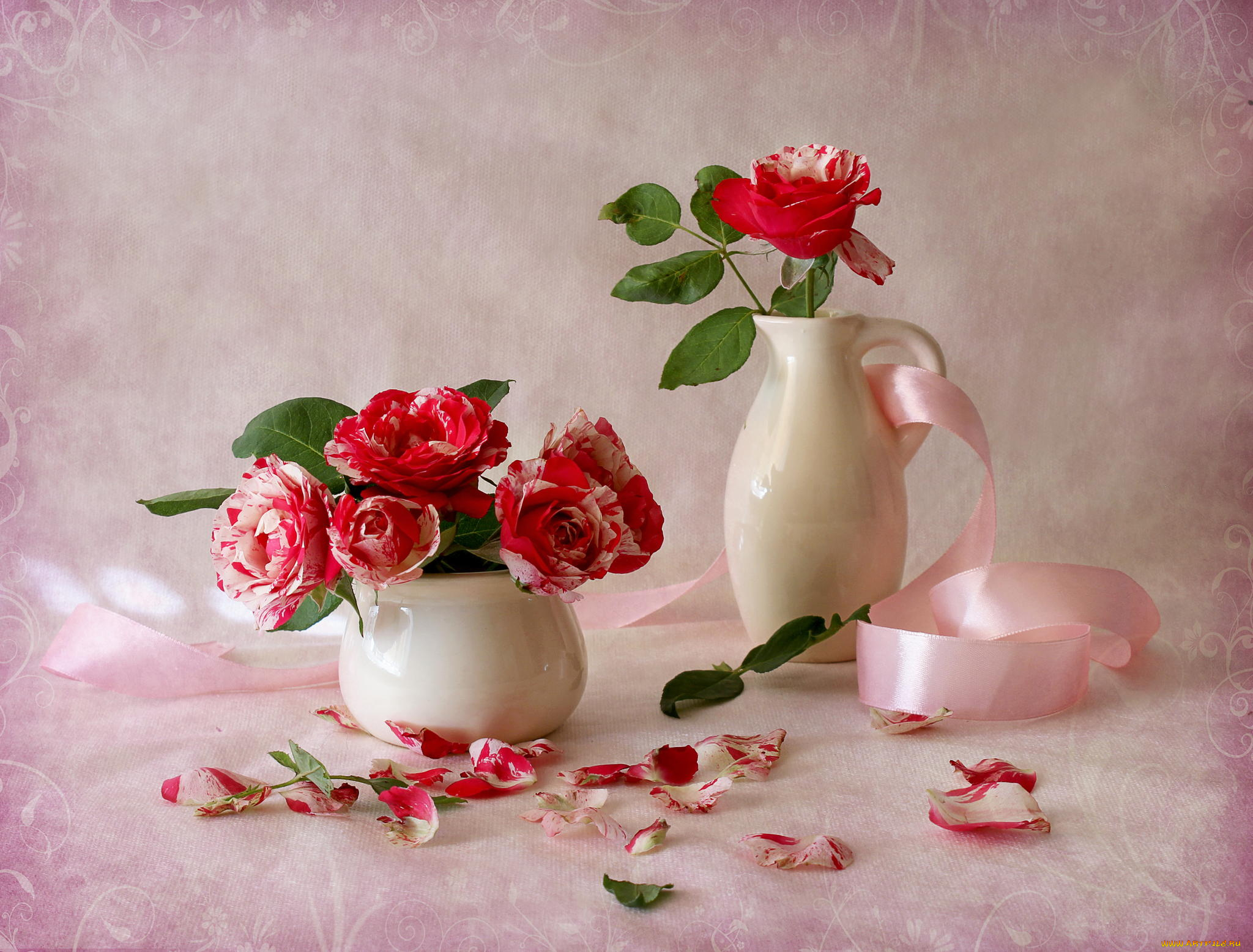 цветы, розы, пестрый, лента, ваза, кувшин