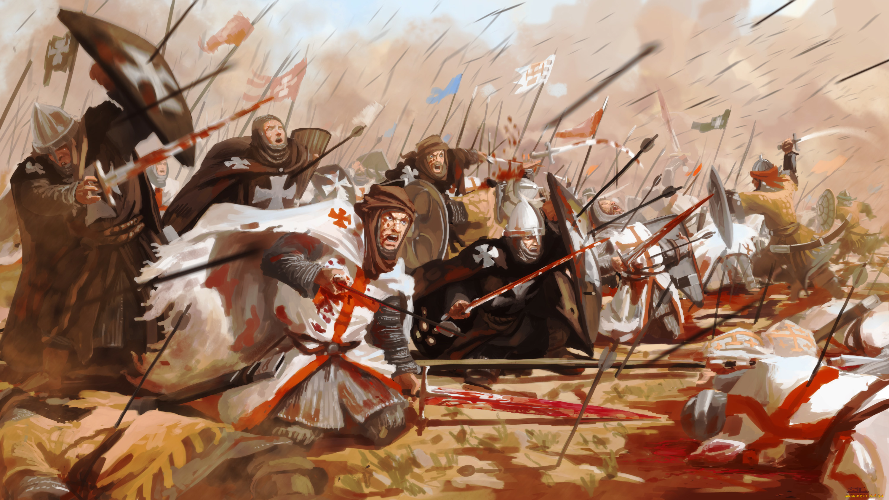 фэнтези, люди, атака, битва, сражение, стрелы, турки, раненые, крестоносцы, рыцари