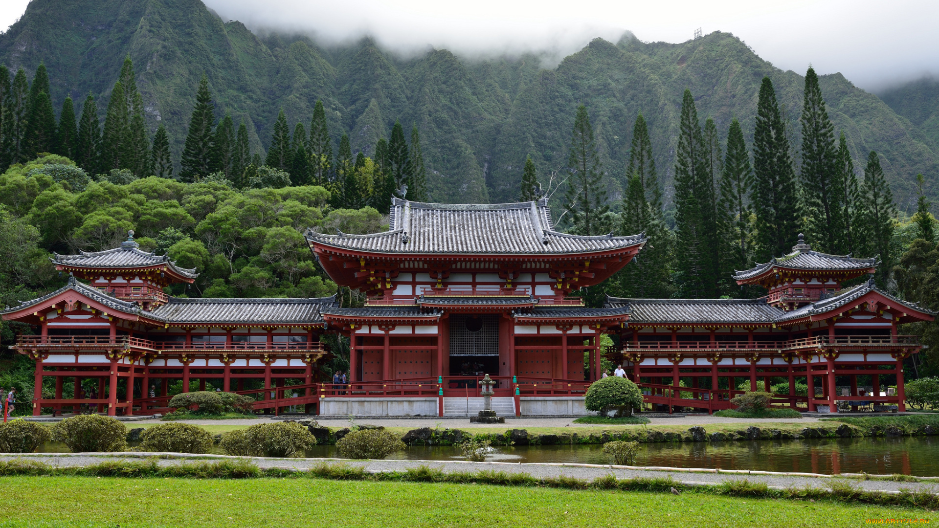 byodo-in, temple, города, -, буддийские, и, другие, храмы, храм, речка, лес, горы