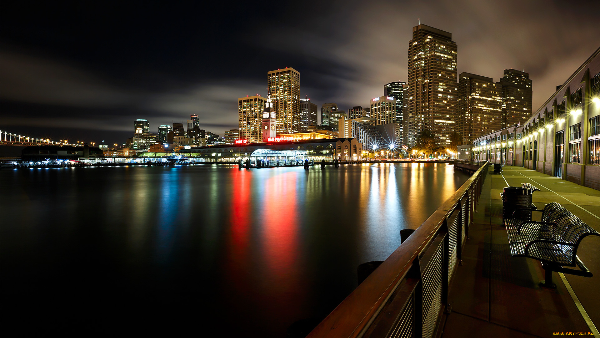 port, of, san, francisco, города, сан-франциско, , сша, порт, ночь, огни, набережная