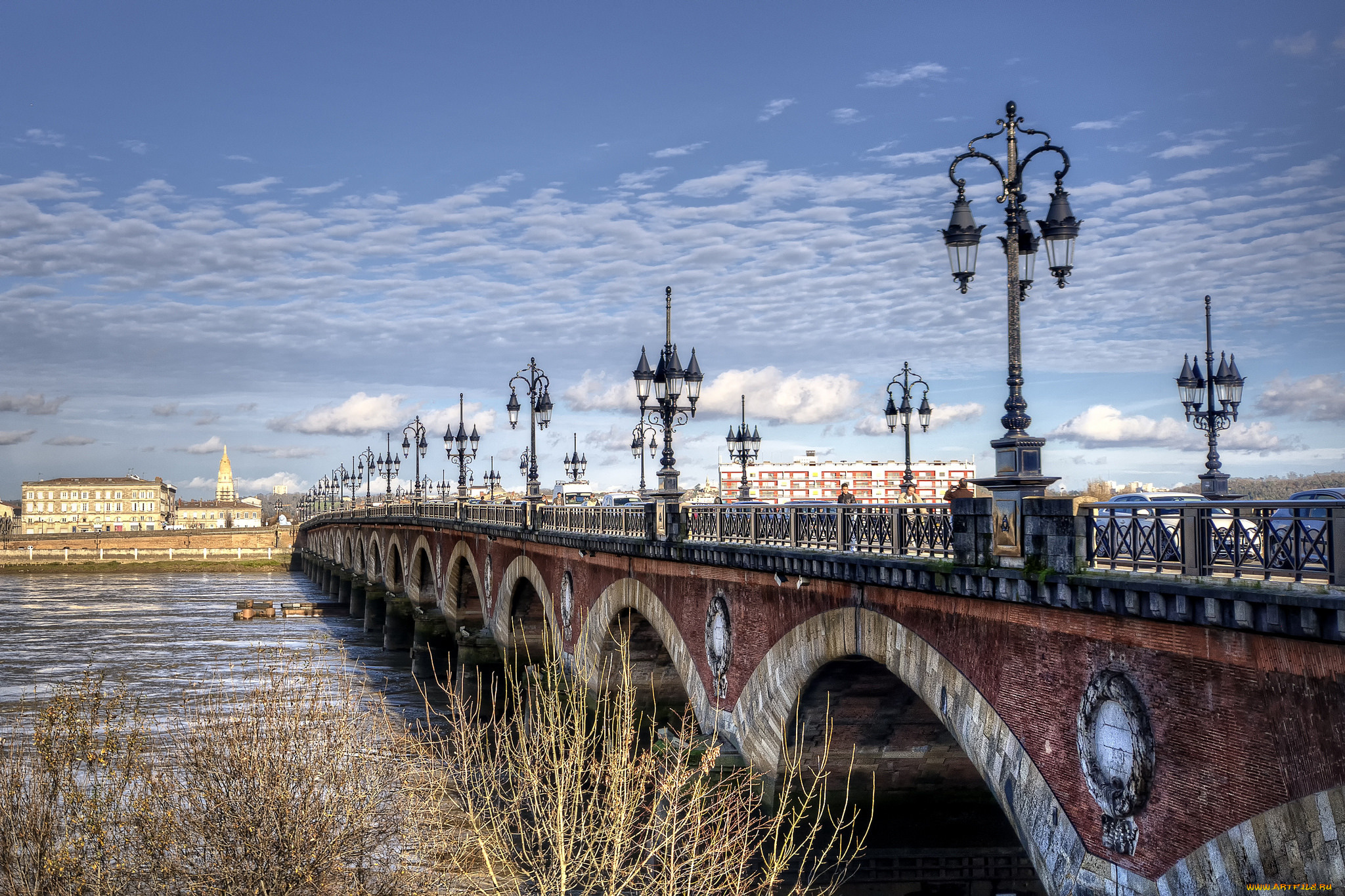 le, pont, de, pierre, sur, la, garonne, города, -, мосты, облака, фонари, мост, река