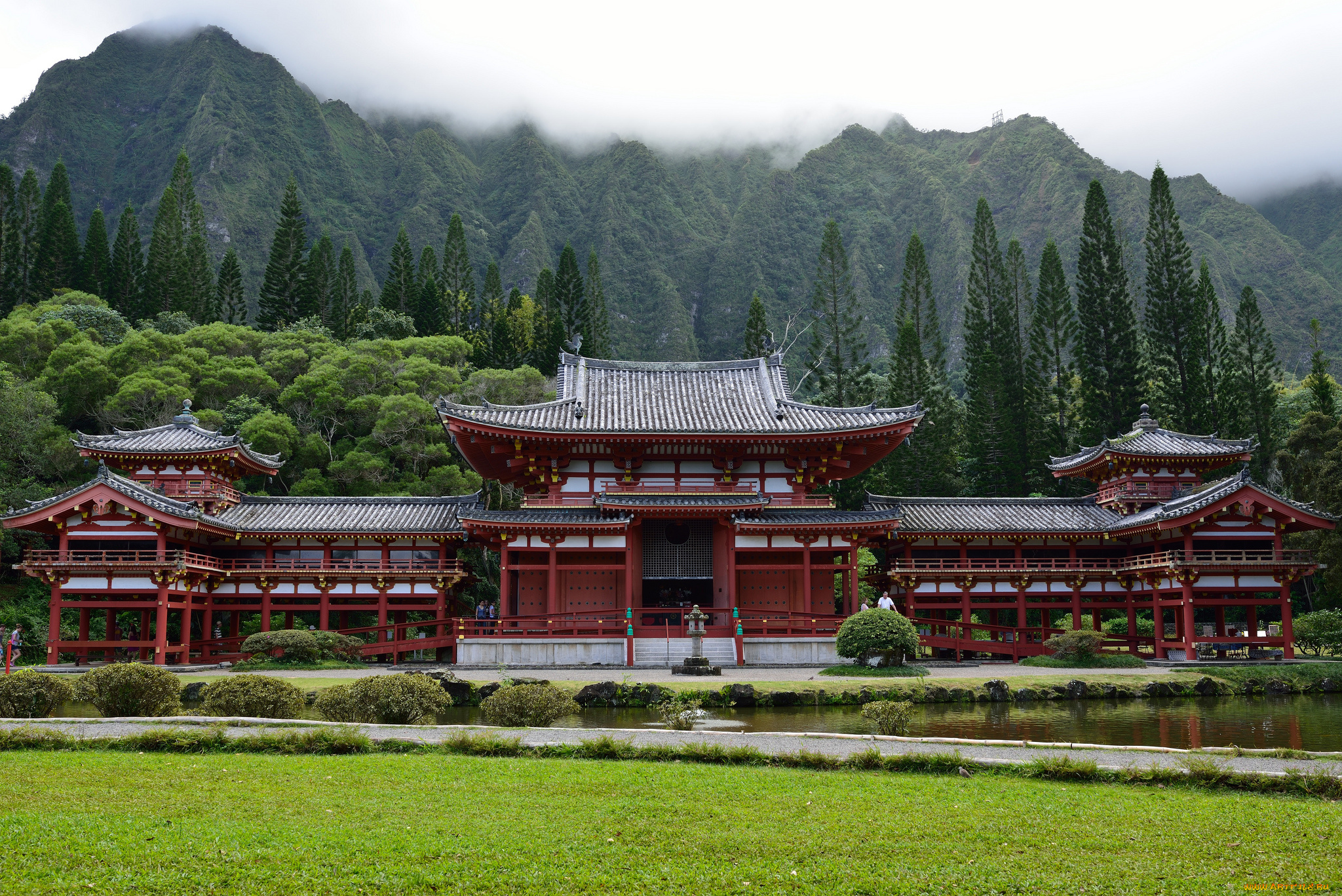 byodo-in, temple, города, -, буддийские, и, другие, храмы, храм, речка, лес, горы