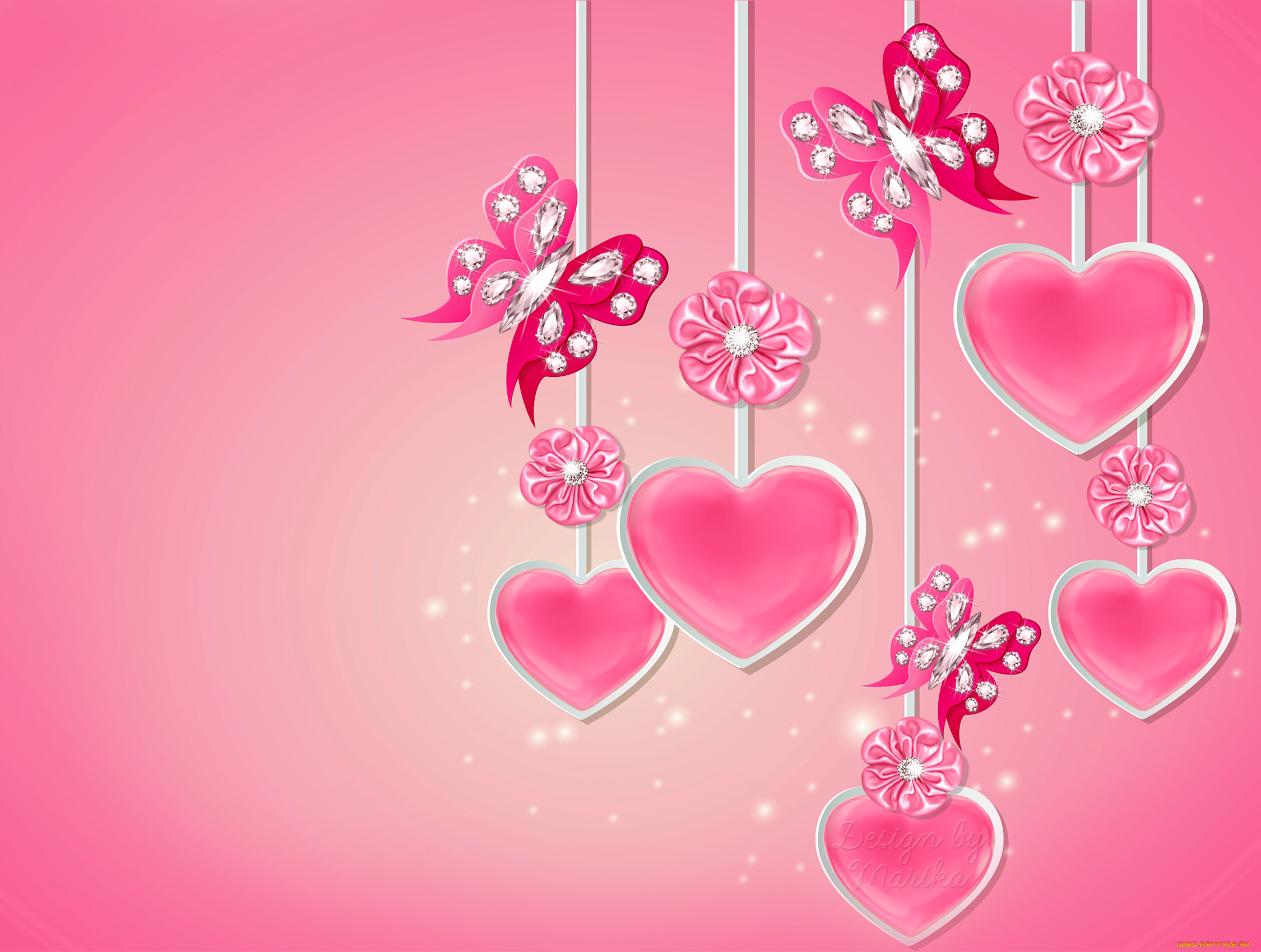 праздничные, день, святого, валентина, , сердечки, , любовь, бабочки, бриллианты, бант, сердце, butterflies, diamonds, romantic, heart, love, pink, design, by, marika