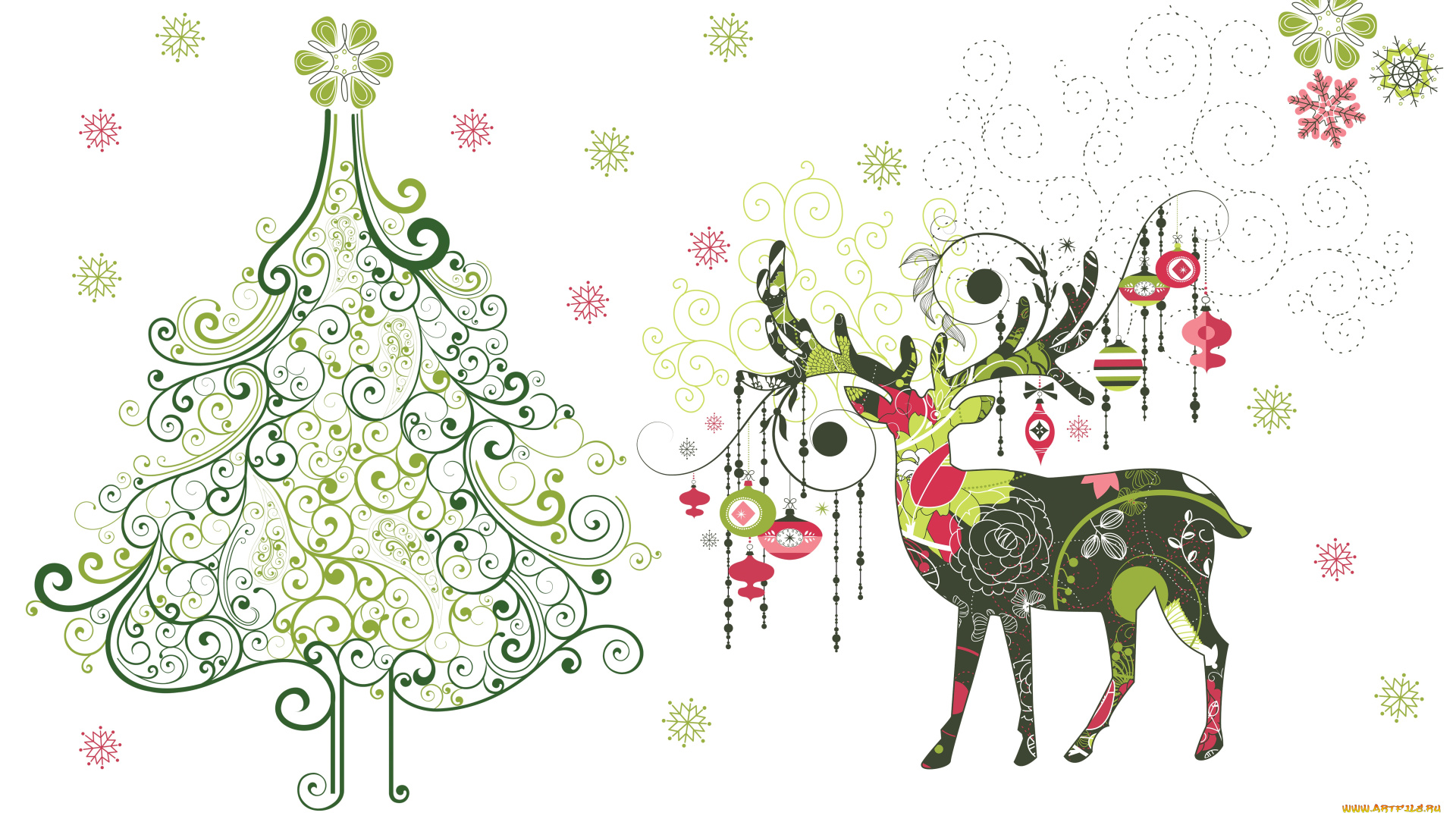 праздничные, векторная, графика, , новый, год, олень, снежинки, игрушки, арт, праздник, ёлочка, вектор, минимализм