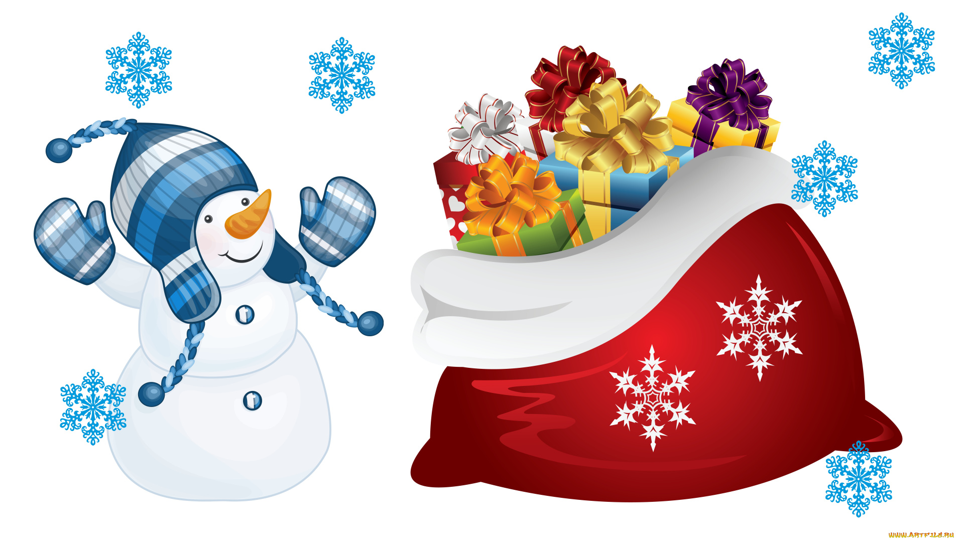 праздничные, векторная, графика, , новый, год, радость, новый, год, мешок, настроение, детская, арт, праздник, подарки, снежинка, снеговик