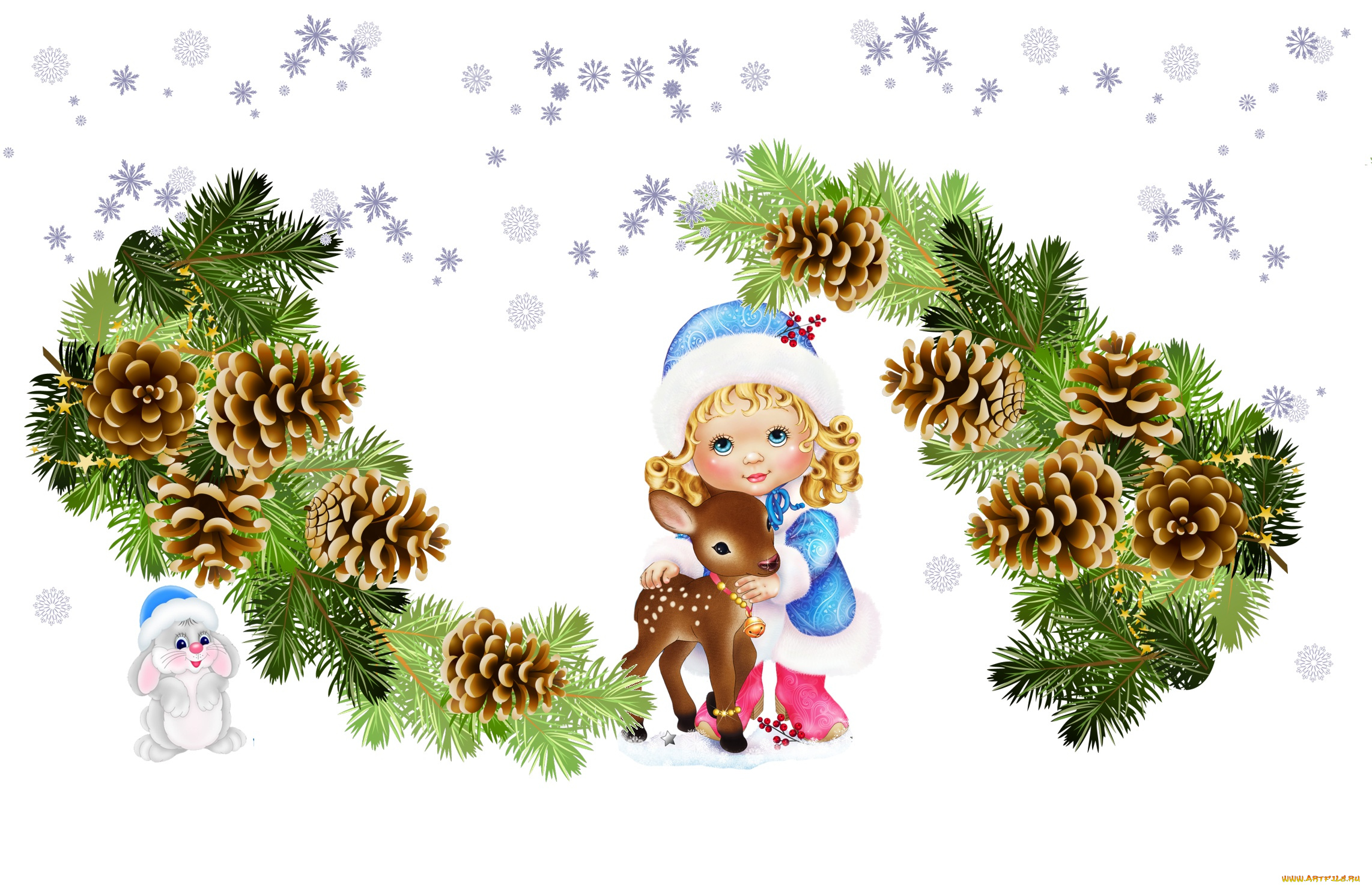 праздничные, векторная, графика, , новый, год, снегурочка, малыши, веточка, детская, олень, снежинки, шишки, арт, зайчик, праздник, ёлочка