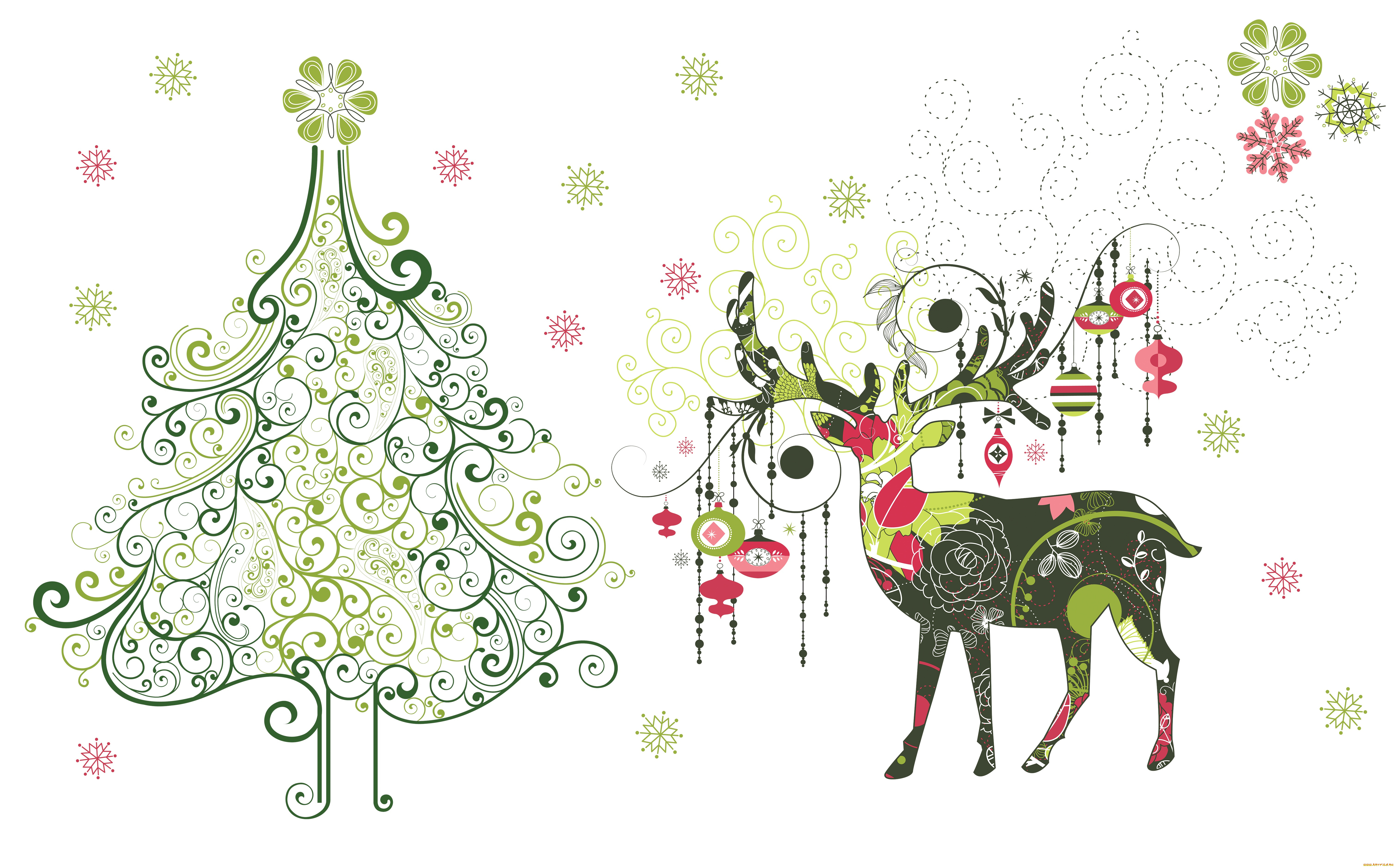 праздничные, векторная, графика, , новый, год, олень, снежинки, игрушки, арт, праздник, ёлочка, вектор, минимализм