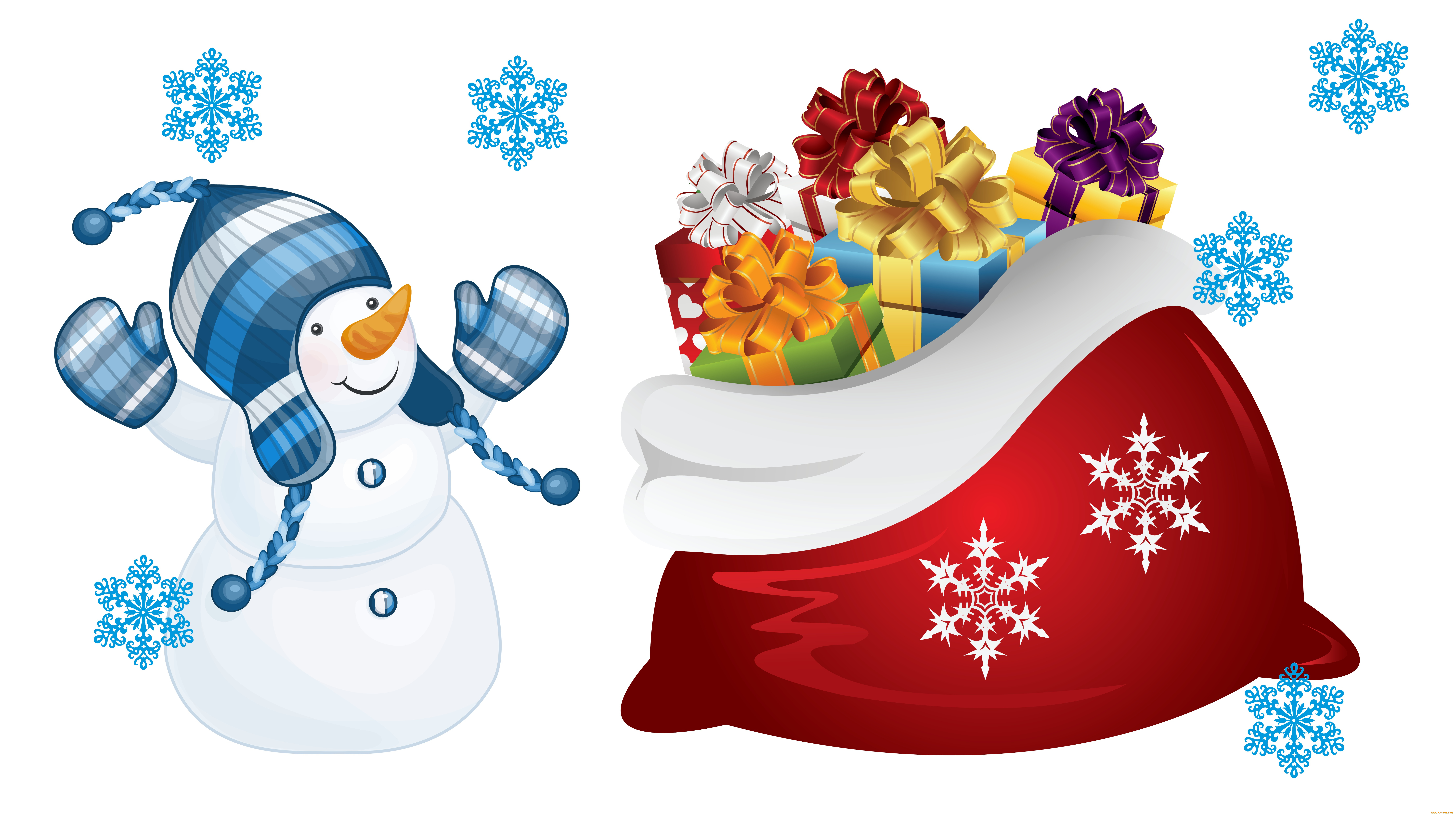 праздничные, векторная, графика, , новый, год, радость, новый, год, мешок, настроение, детская, арт, праздник, подарки, снежинка, снеговик