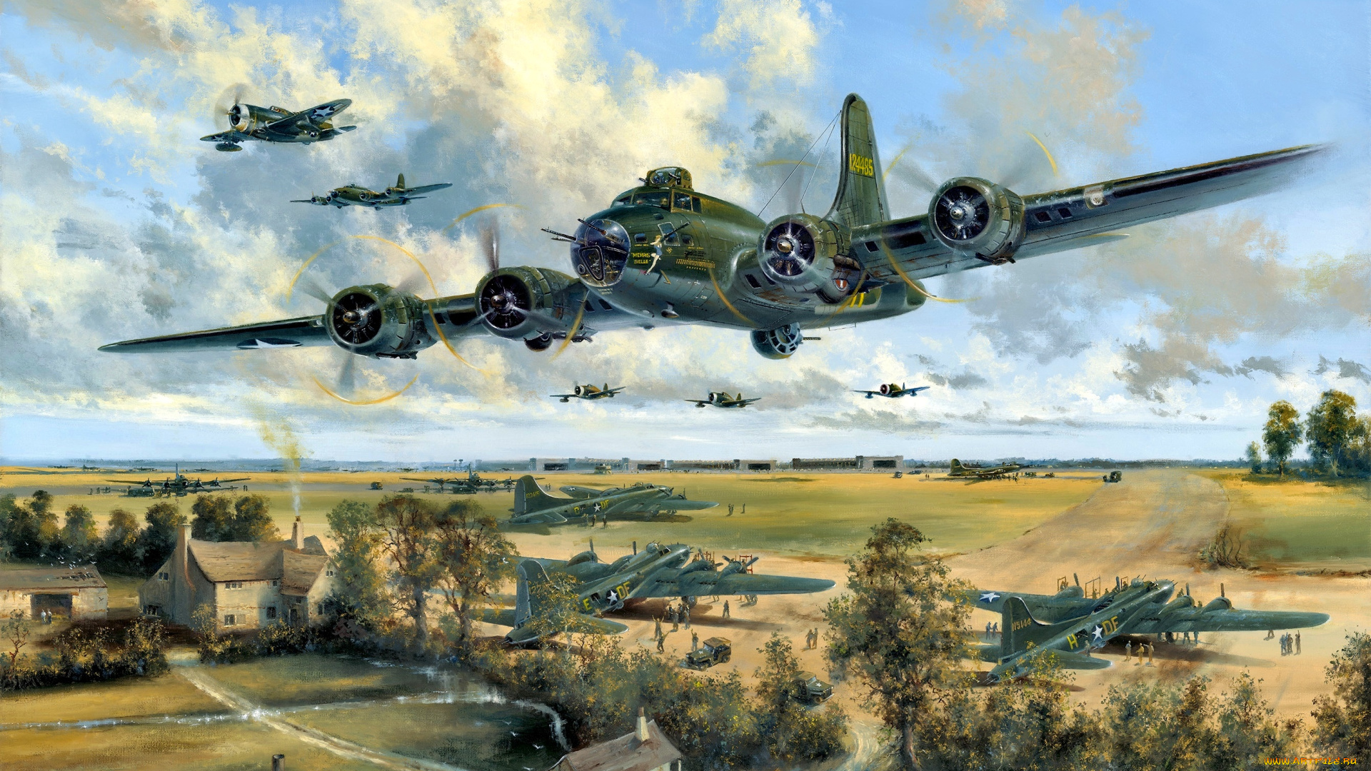 авиация, 3д, рисованые, v-graphic, p-47, thunderbolt, b-17, истребитель, бомбардировщик, деревья