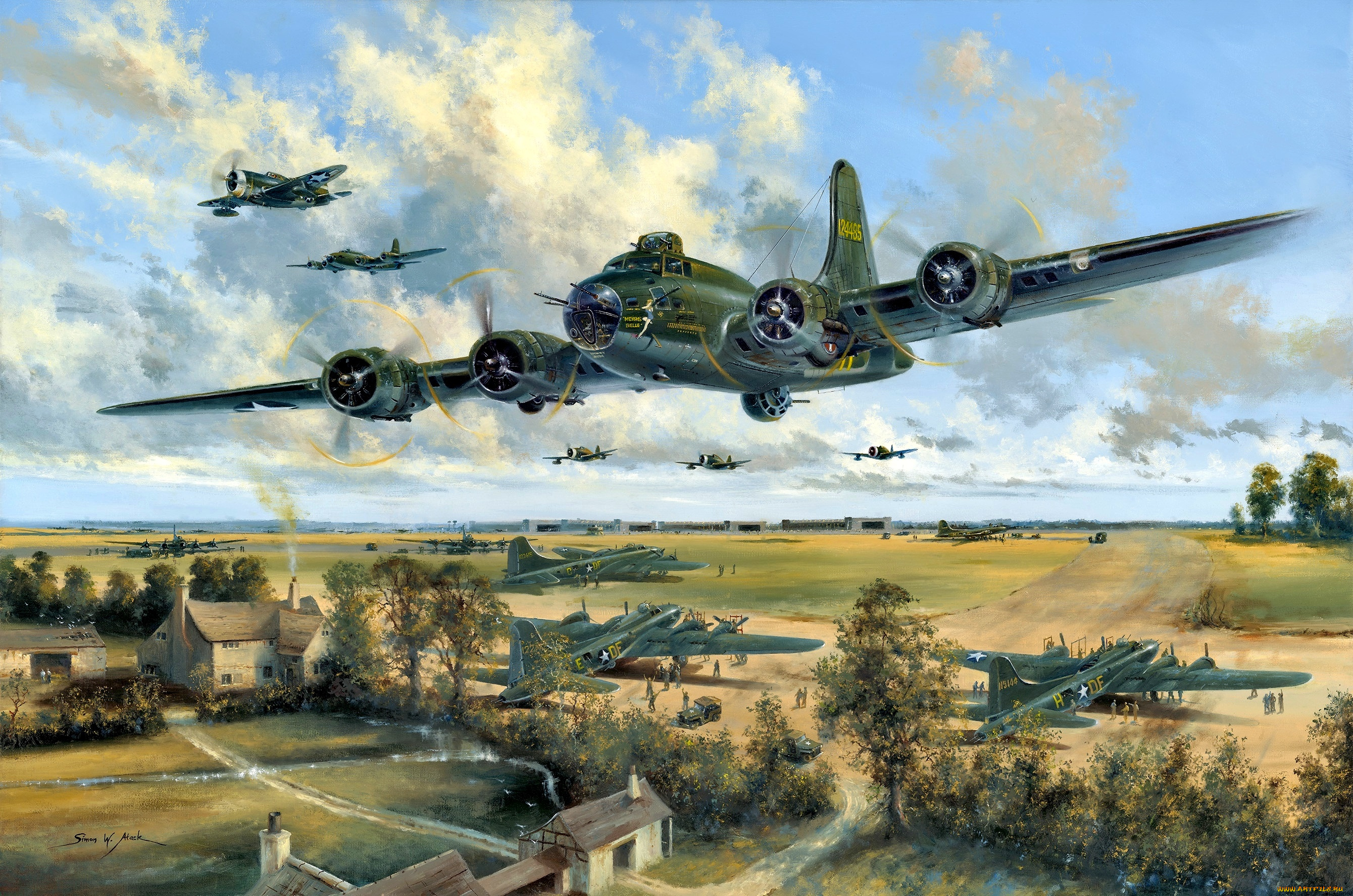 авиация, 3д, рисованые, v-graphic, p-47, thunderbolt, b-17, истребитель, бомбардировщик, деревья