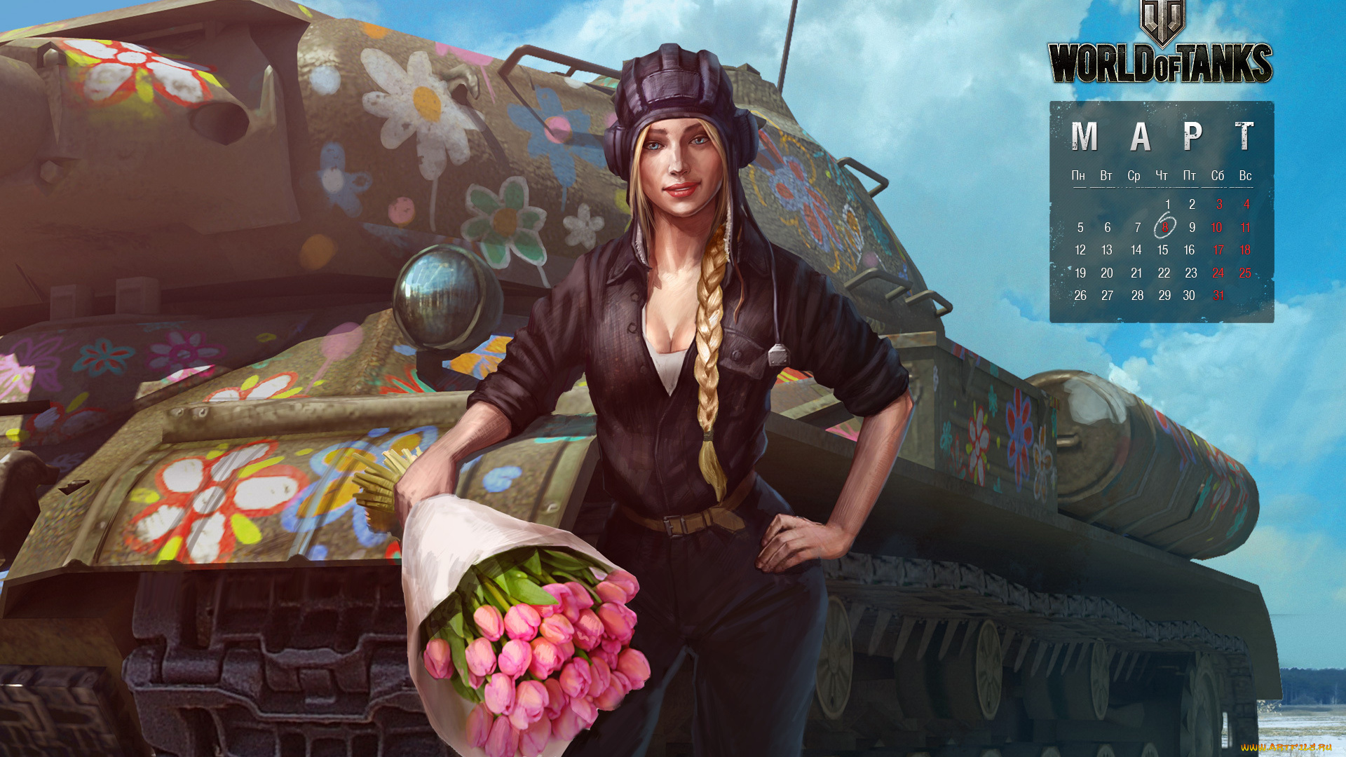 календари, видеоигры, тюльпаны, цветы, танк, world, of, tanks, девушка