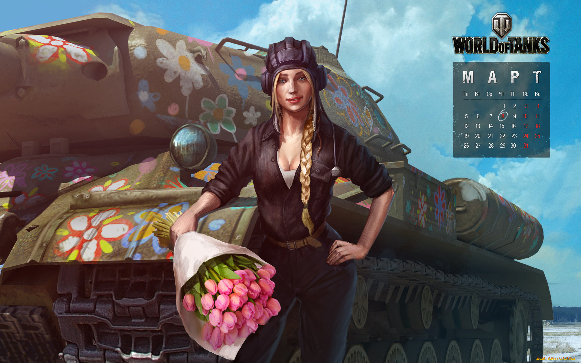 календари, видеоигры, тюльпаны, цветы, танк, world, of, tanks, девушка