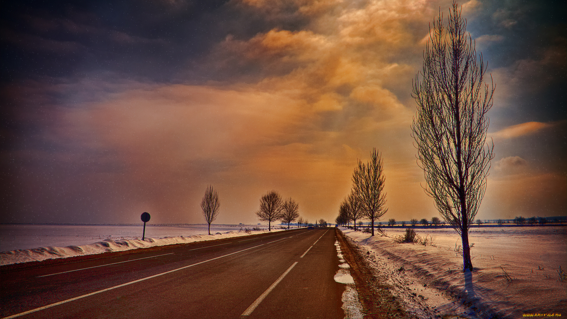 природа, дороги, зима, шоссе, разметка, деревья, тучи