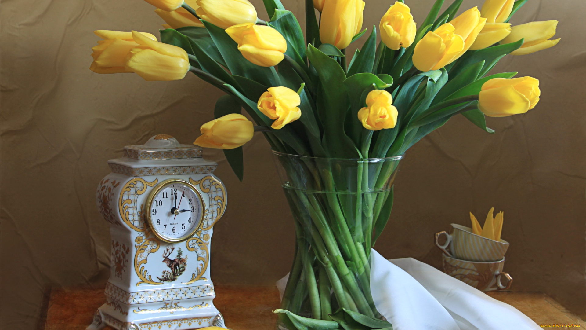 цветы, тюльпаны, букет, часы