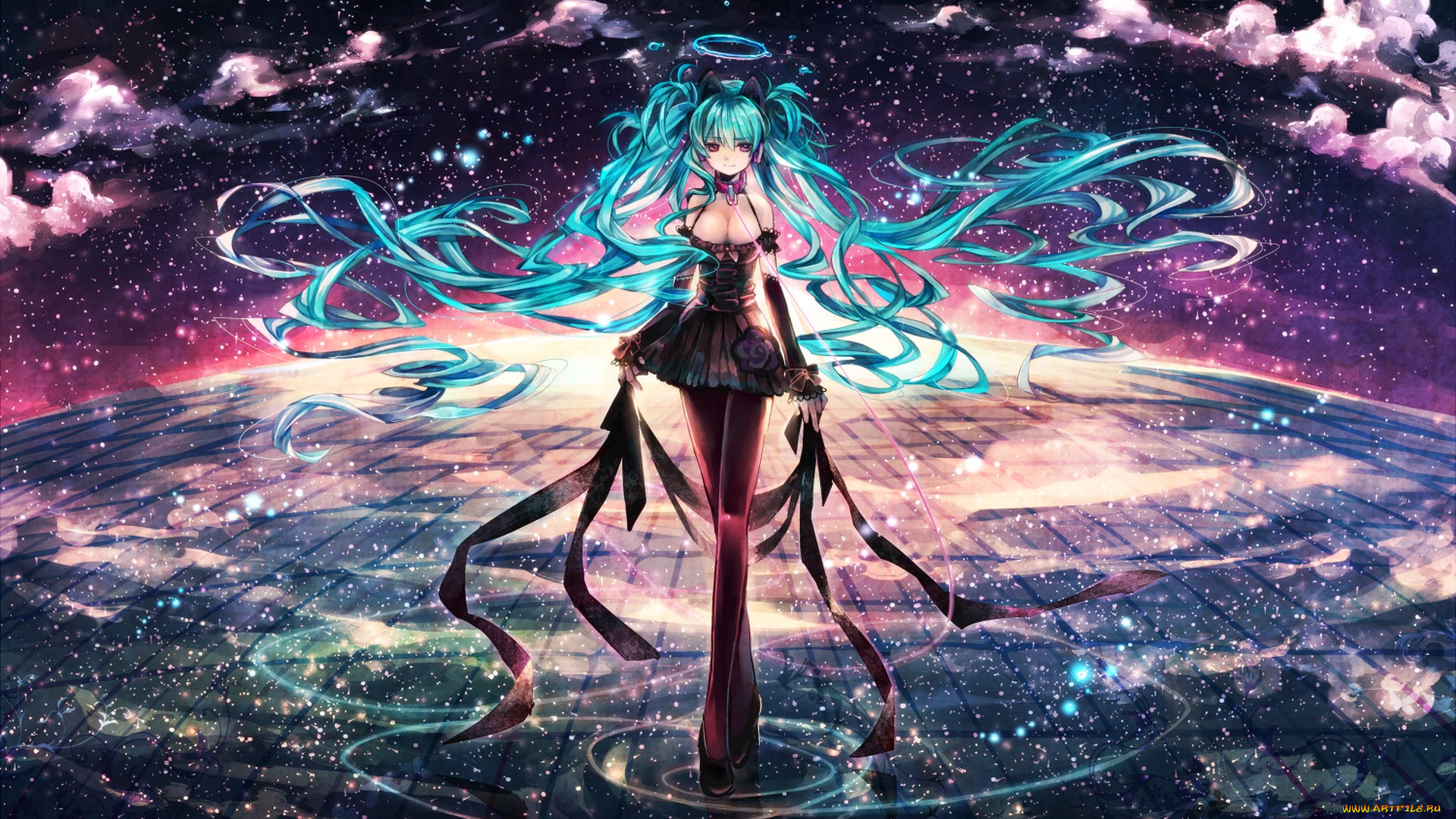 vocaloid, аниме, звезды, арт, девушка, hatsune, miku, salay, облака, небо, нимб, отражение, вода