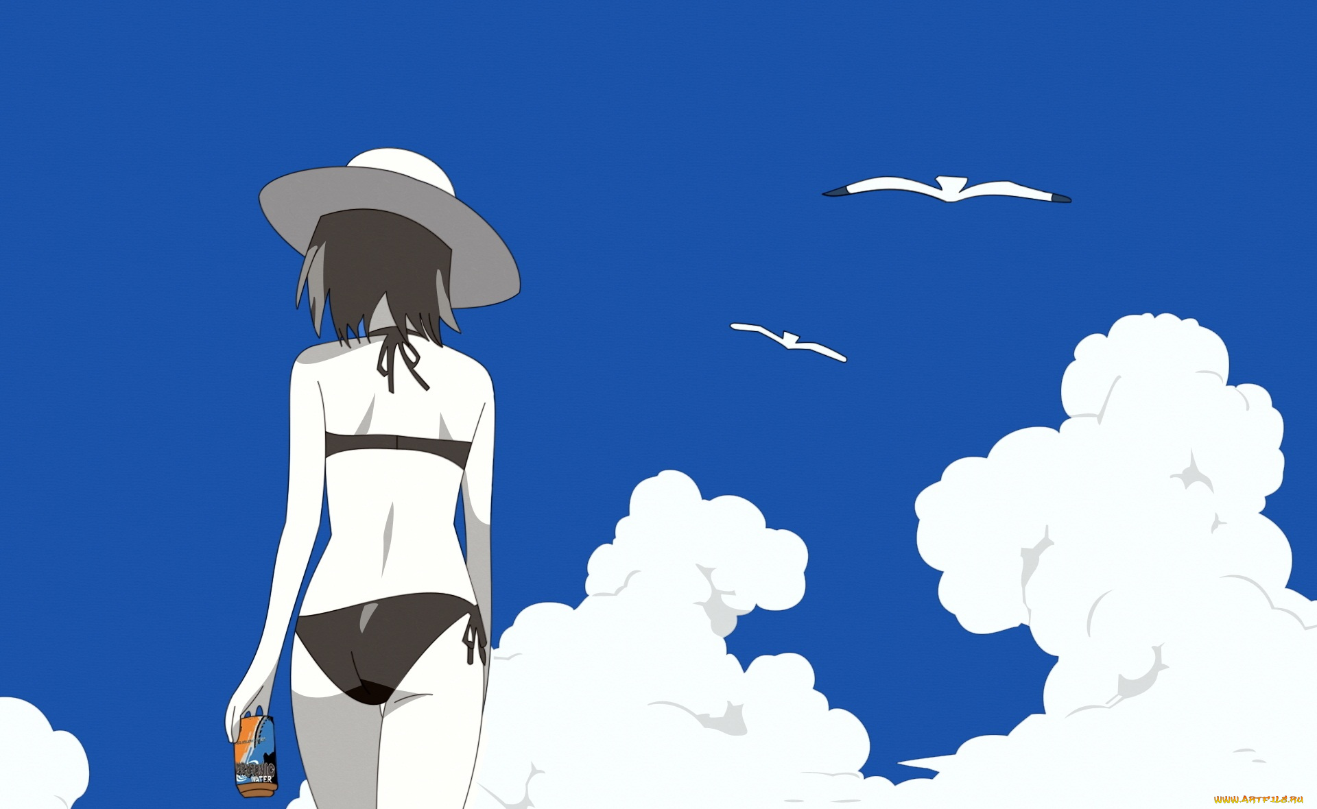 аниме, naruto, небо, девушка, сакура, лето, шляпа, спина, облака, банка, птицы
