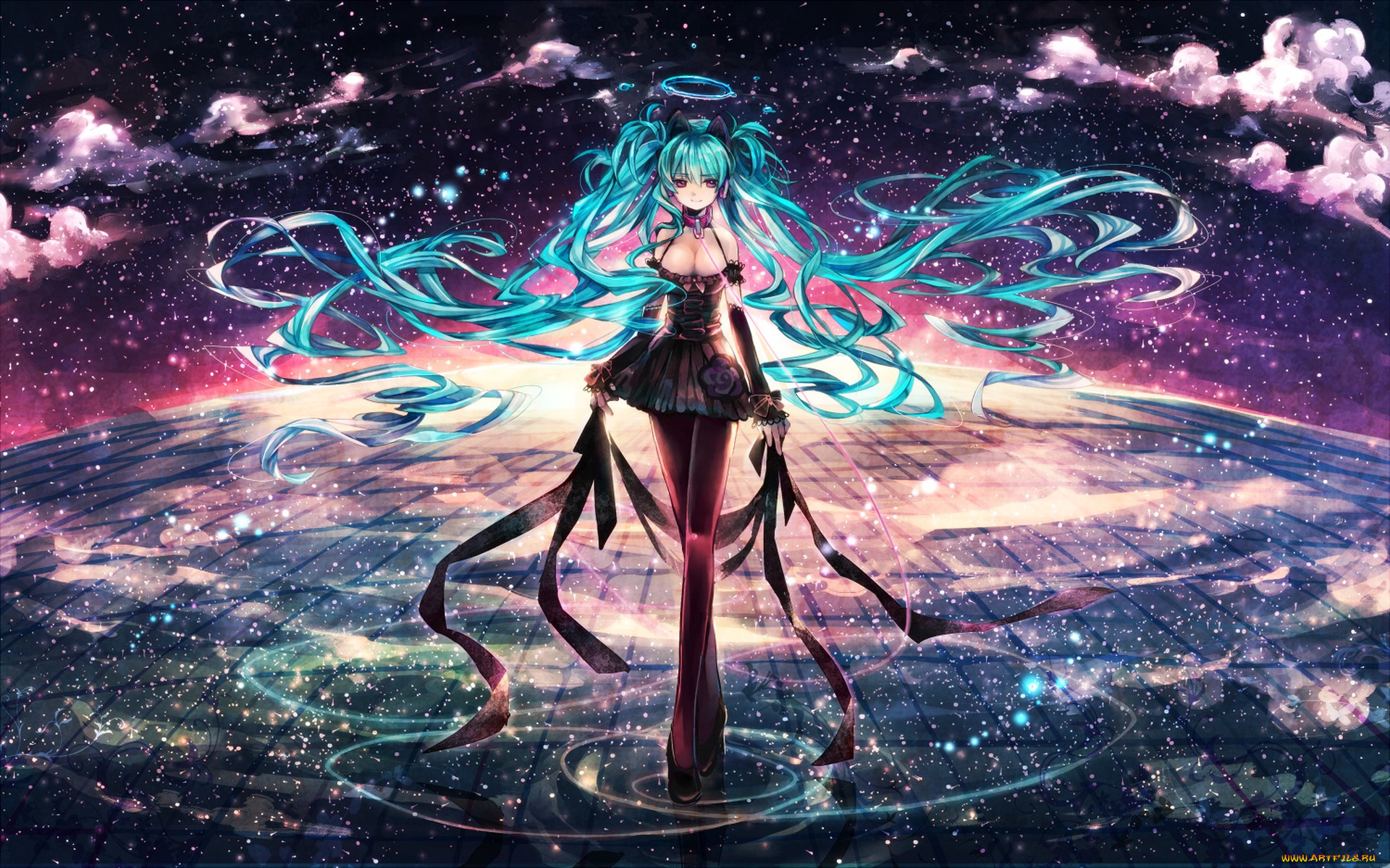 vocaloid, аниме, звезды, арт, девушка, hatsune, miku, salay, облака, небо, нимб, отражение, вода