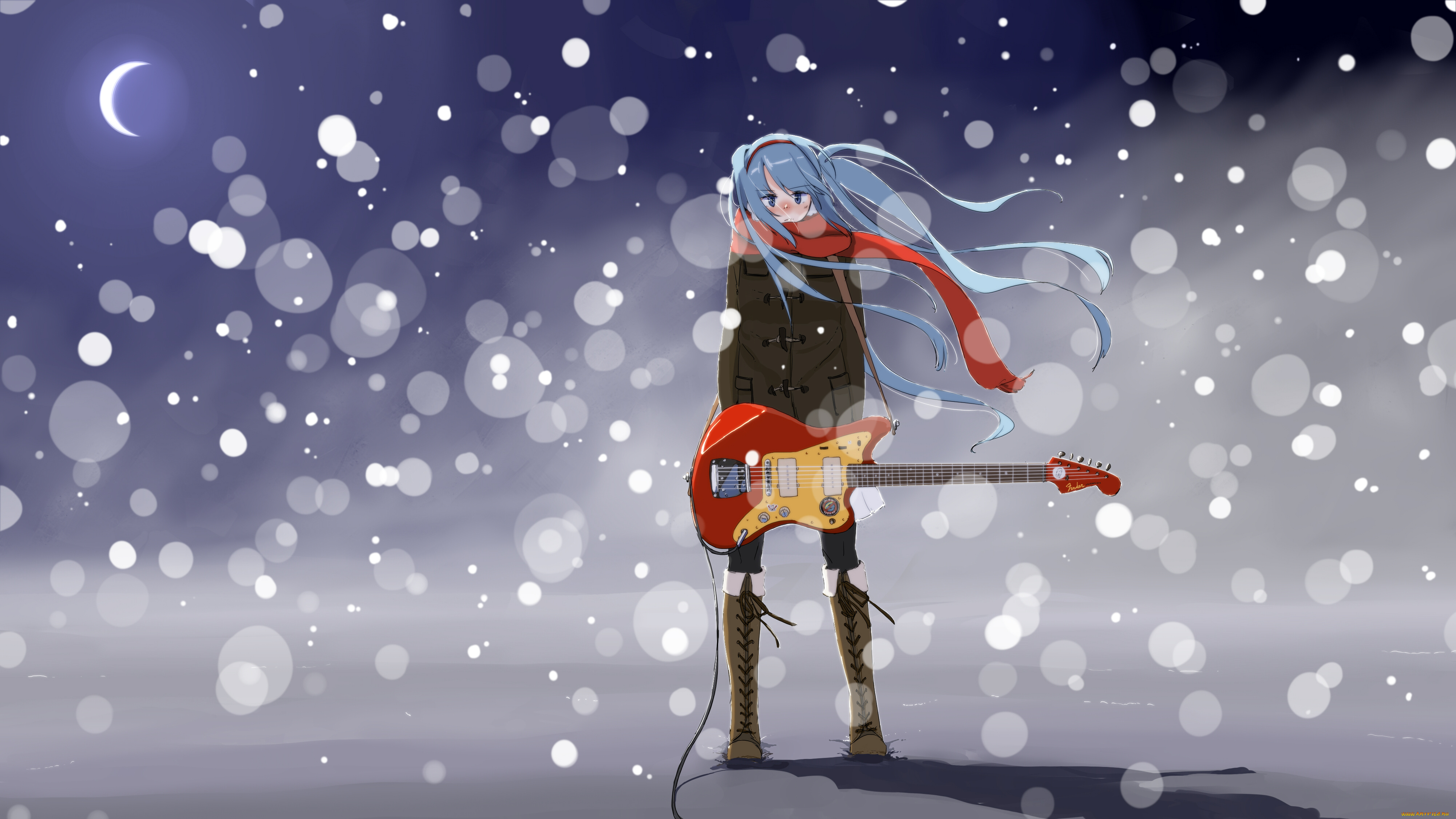 vocaloid, аниме, месяц, пар, зима, снег, гитара, девушка, hatsune, miku, takekumo, арт