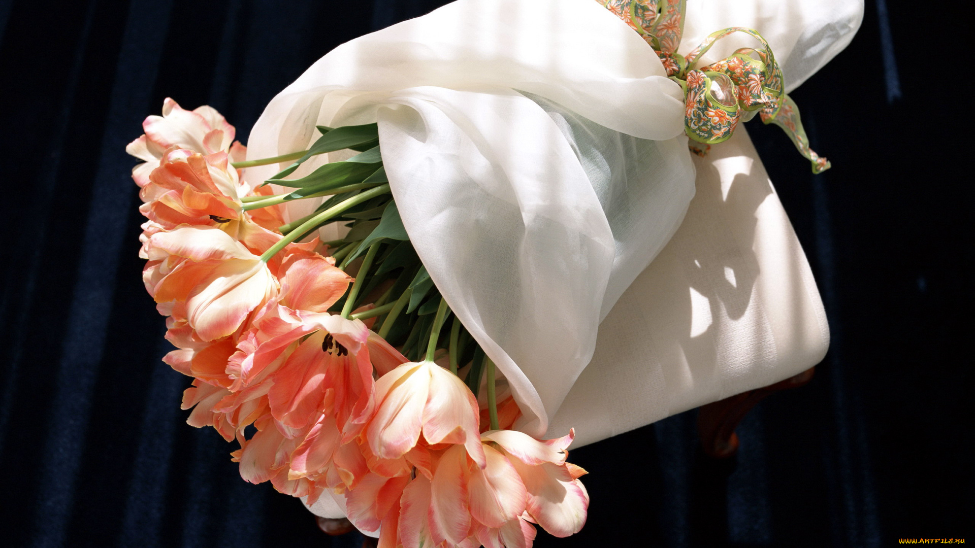 цветы, тюльпаны, упаковка, шарф, бант, букет