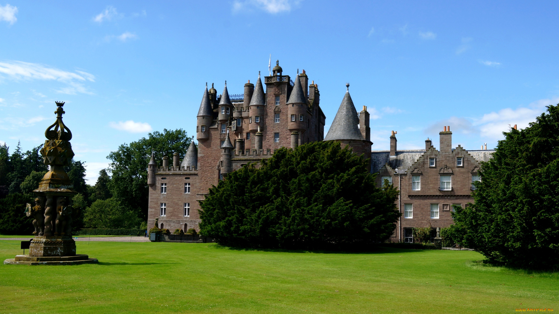 glamis, castle, шотландия, города, замки, англии, газон, замок, шотландия, glamis, castle, деревья, скульптура