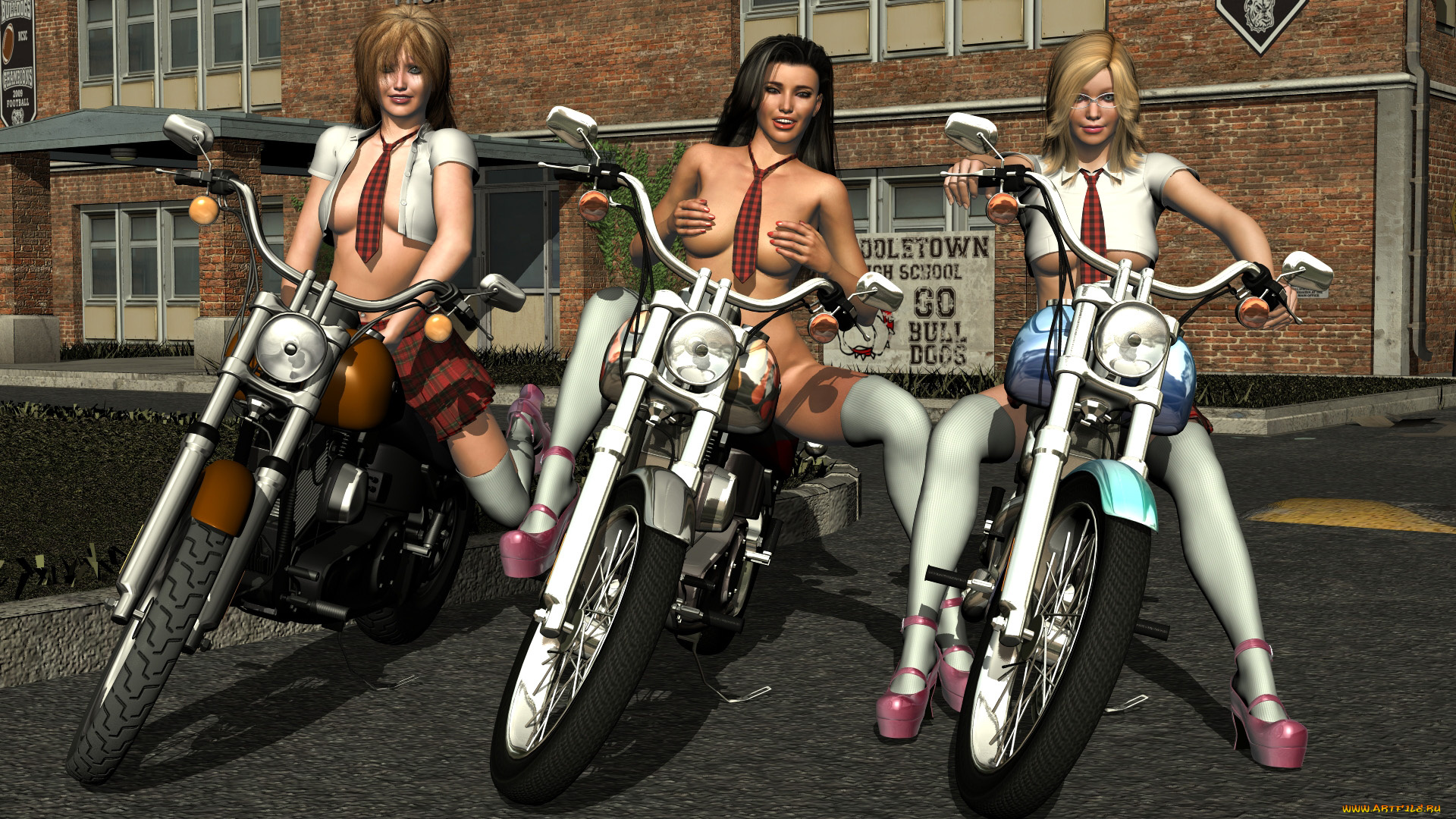 мотоциклы, 3d, девушки, фон, взгляд