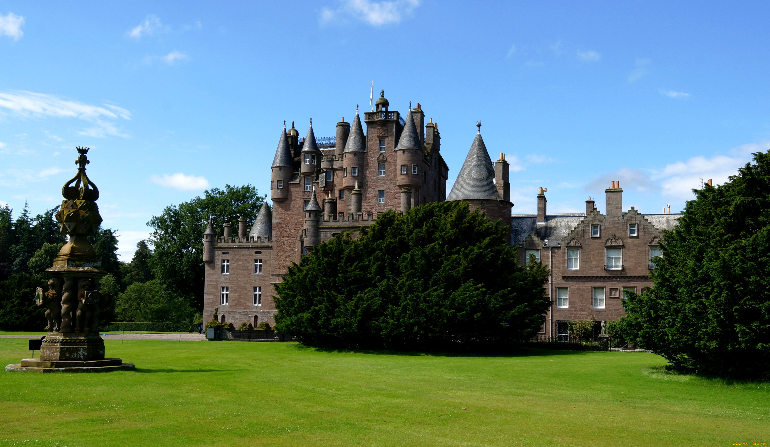 glamis, castle, шотландия, города, замки, англии, газон, замок, шотландия, glamis, castle, деревья, скульптура