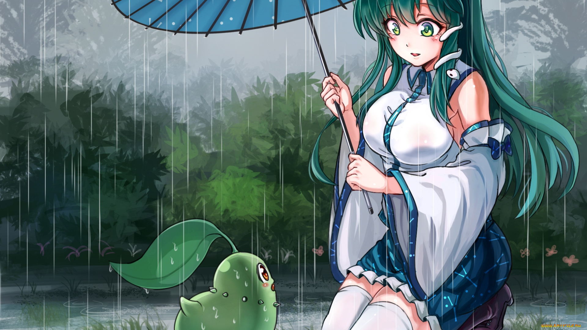 аниме, touhou, kochiya, sanae, chikorita, pokemon, koissa