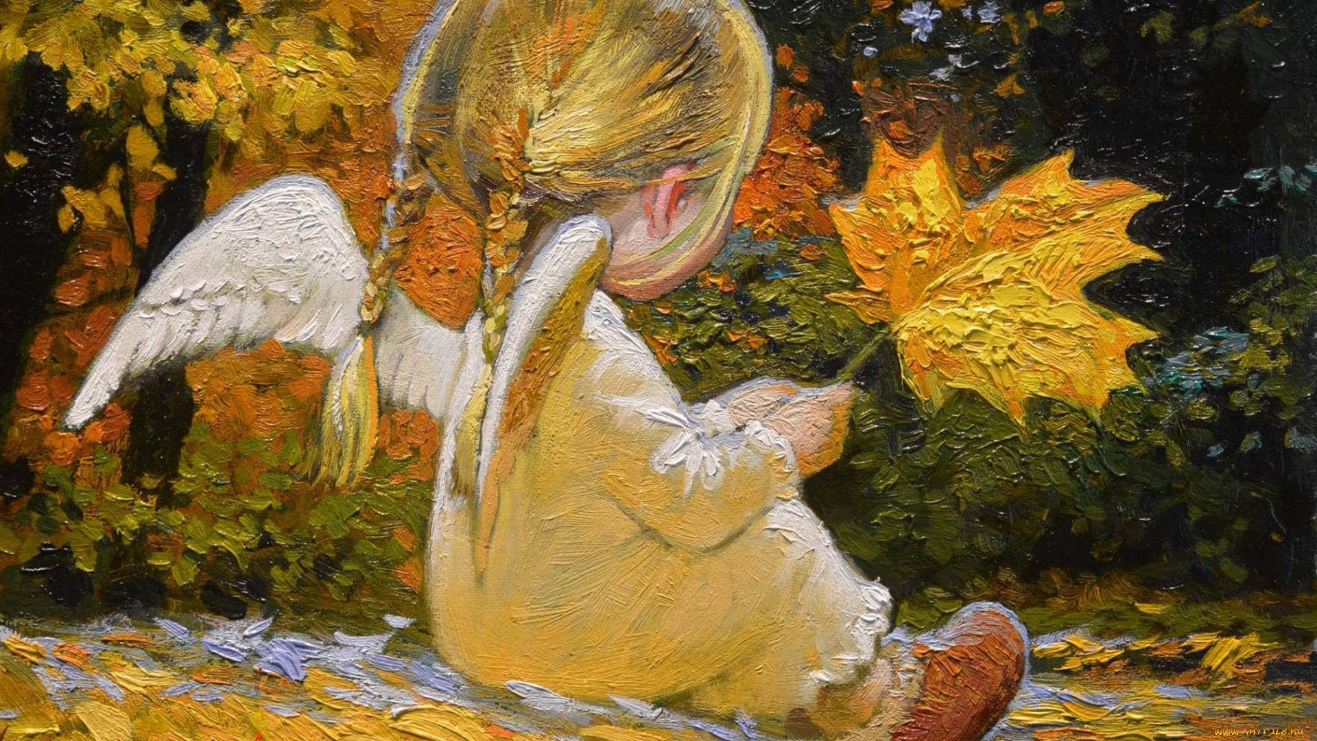 рисованное, живопись, кленовые, листья, маленькая, девочка, крылышки, виктор, низовцев, спина, косички, ангелочек, осень