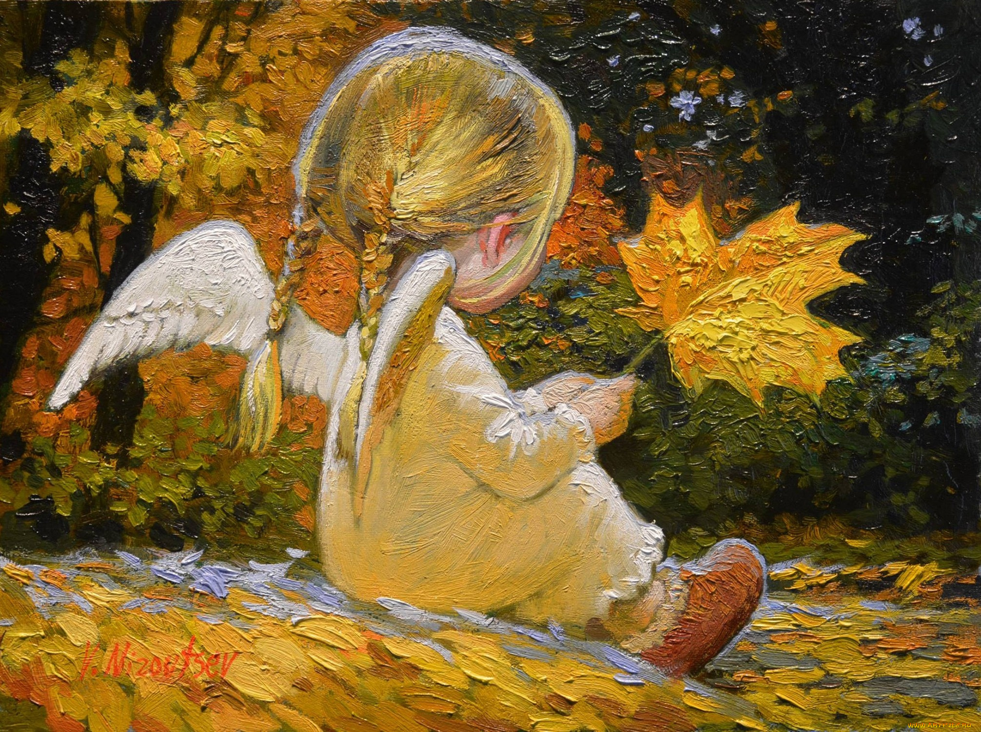 рисованное, живопись, кленовые, листья, маленькая, девочка, крылышки, виктор, низовцев, спина, косички, ангелочек, осень